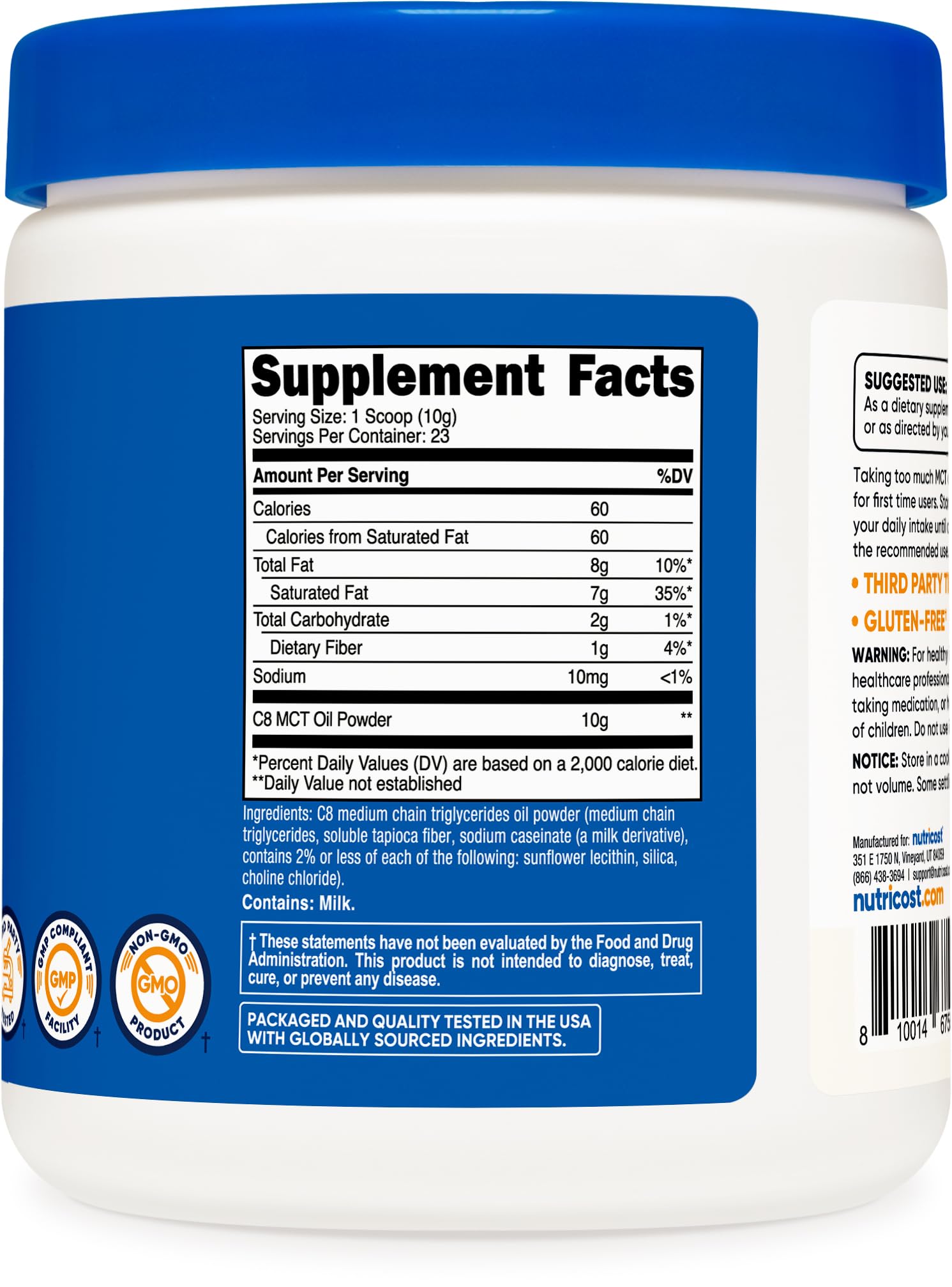 Nutricost C8 MCT powder stored in cool, dry place.