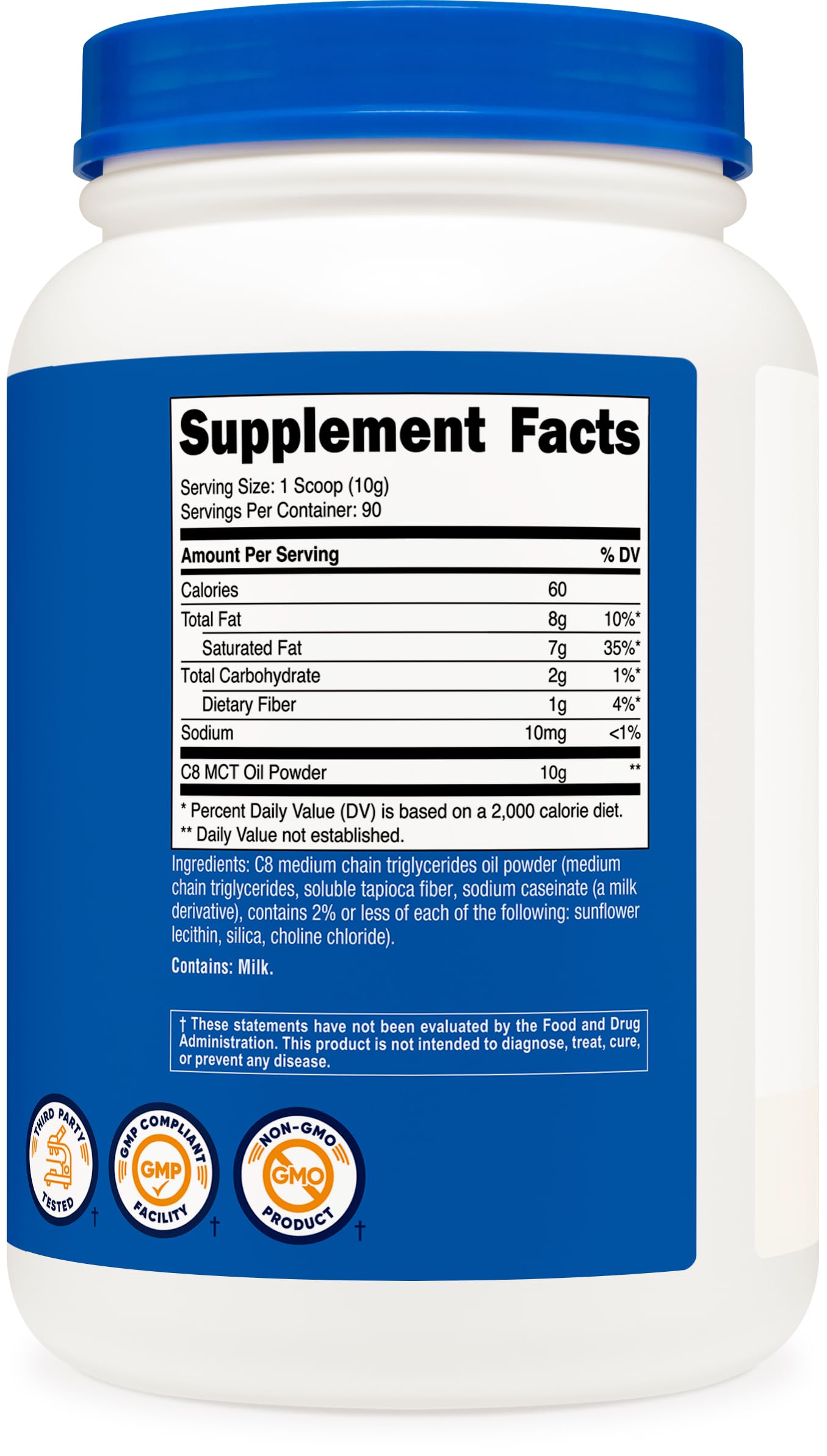 Nutricost C8 MCT Powder label and GMP badge reflect quality and safety