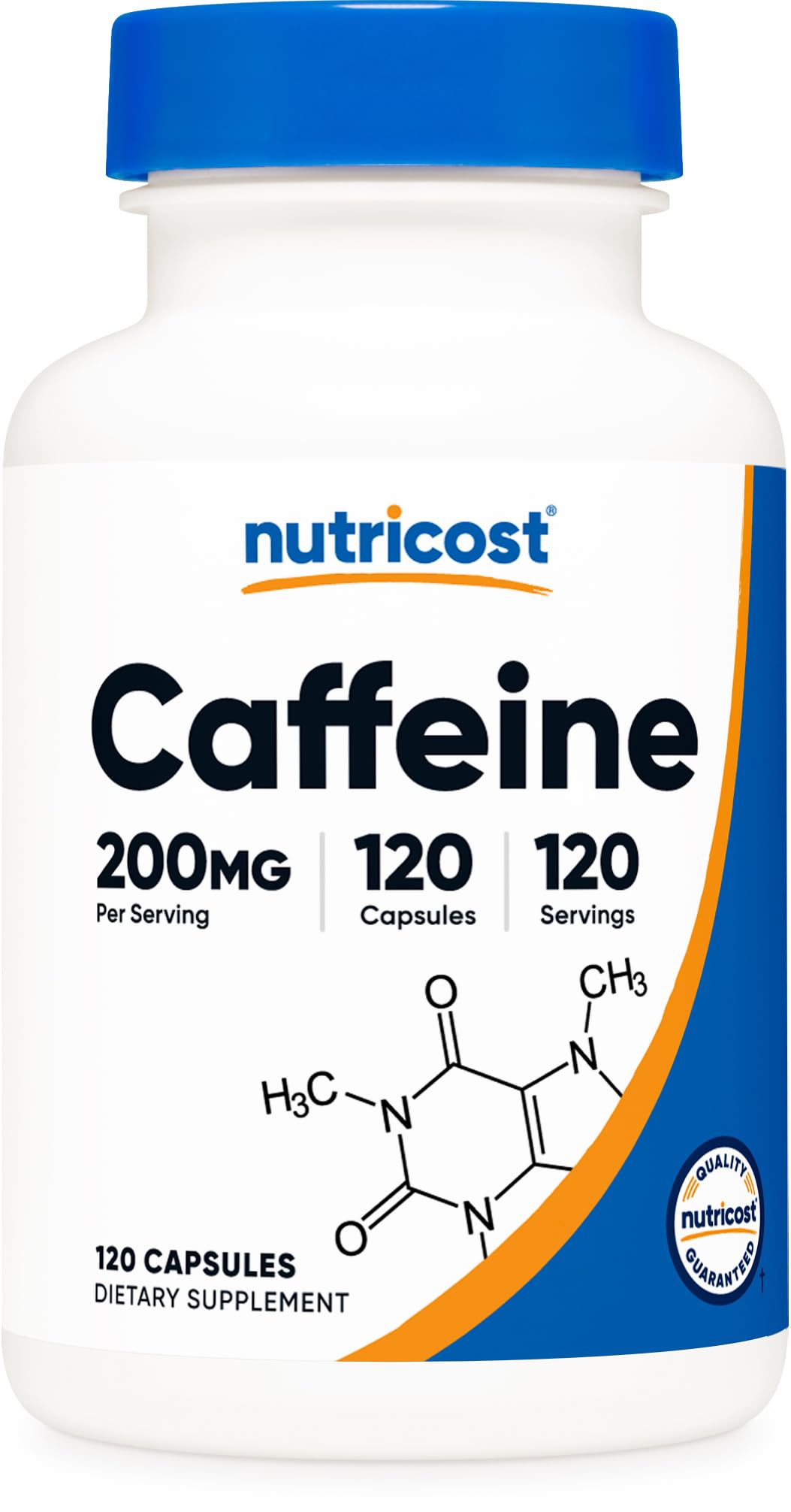 Nutricost caffeine pills bottle showing 200 mg per capsule for focused energy