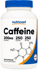 Nutricost Caffeine Pills bottle showing 200 mg per capsule for energy.