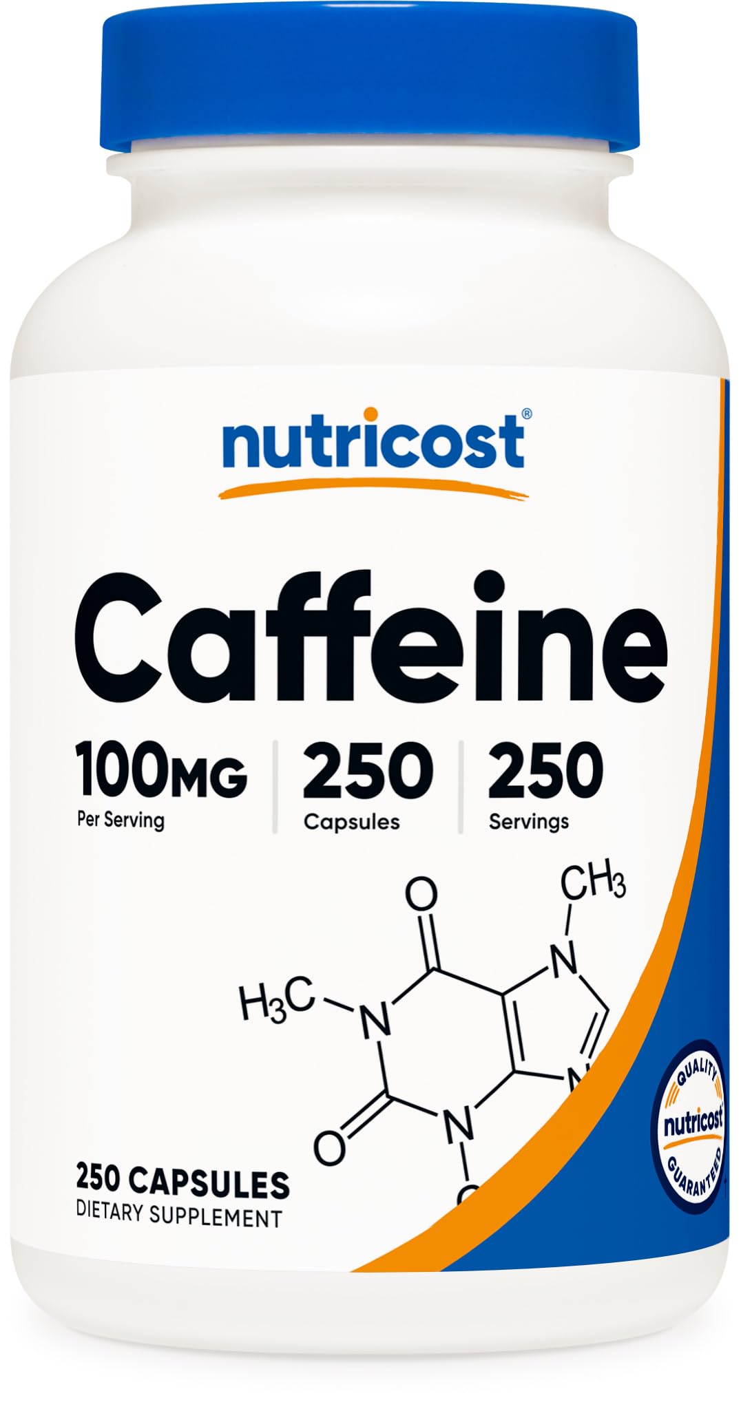 Nutricost Caffeine pills bottle front with clean labeling for energized mornings