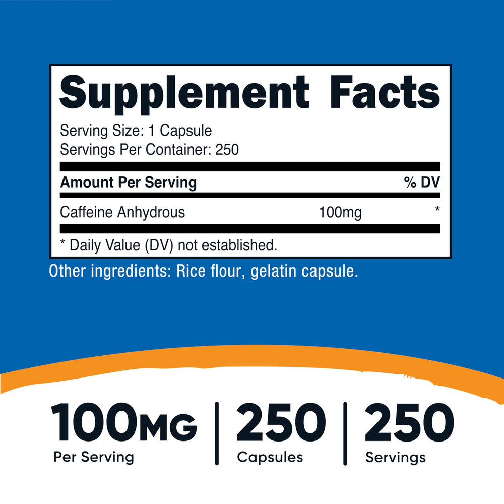 Nutricost Caffeine pills bottle label view highlights dosage and quality