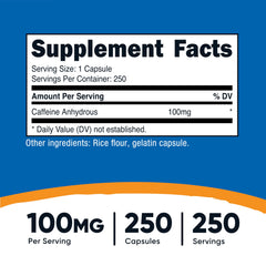 Nutricost Caffeine pills bottle label view highlights dosage and quality