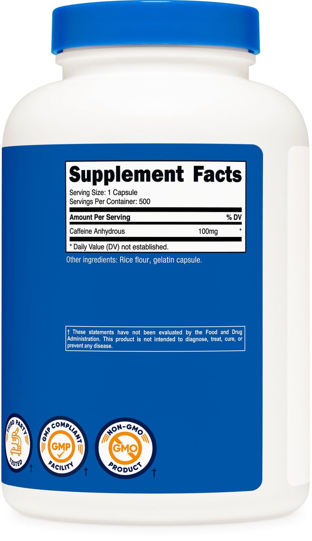 NSF GMP FDA registered facility seal near Nutricost caffeine pills.