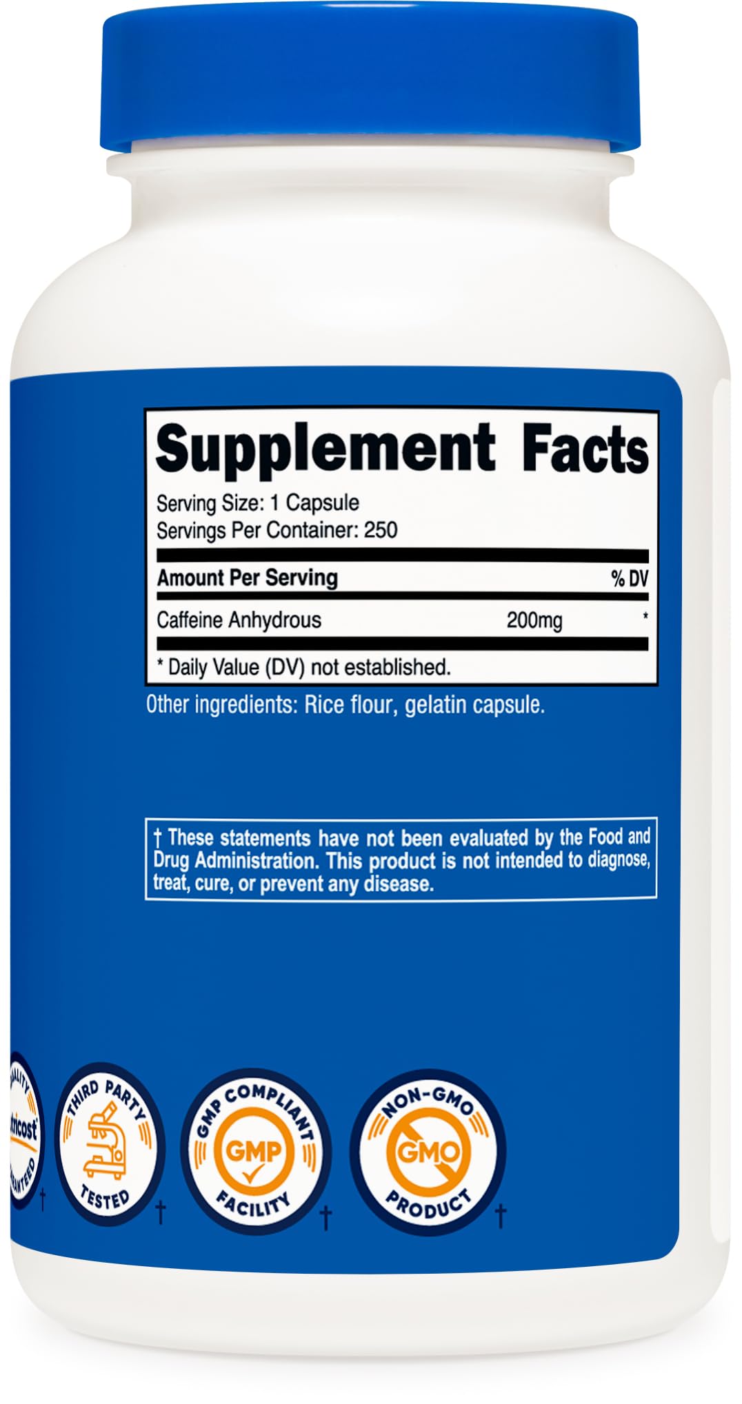 Nutricost caffeine pills NSF GMP FDA badge indicating quality and safety.