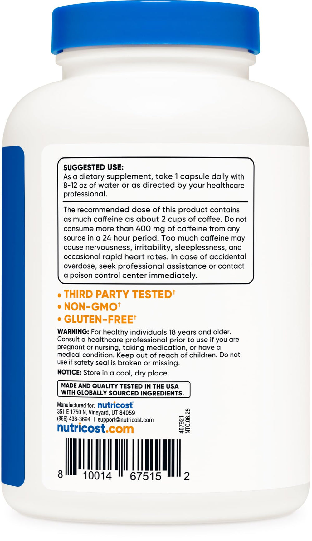 Nutricost caffeine pills label highlights non-GMO and gluten-free status