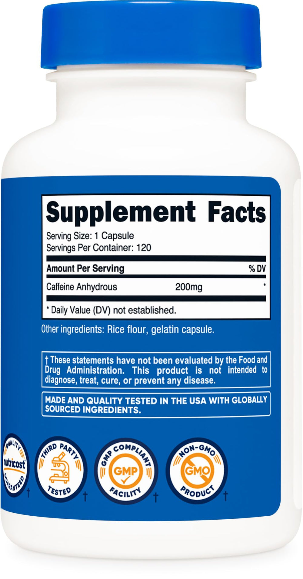 Nutricost caffeine pills non-GMO label shown, aligning with clean ingredient choices