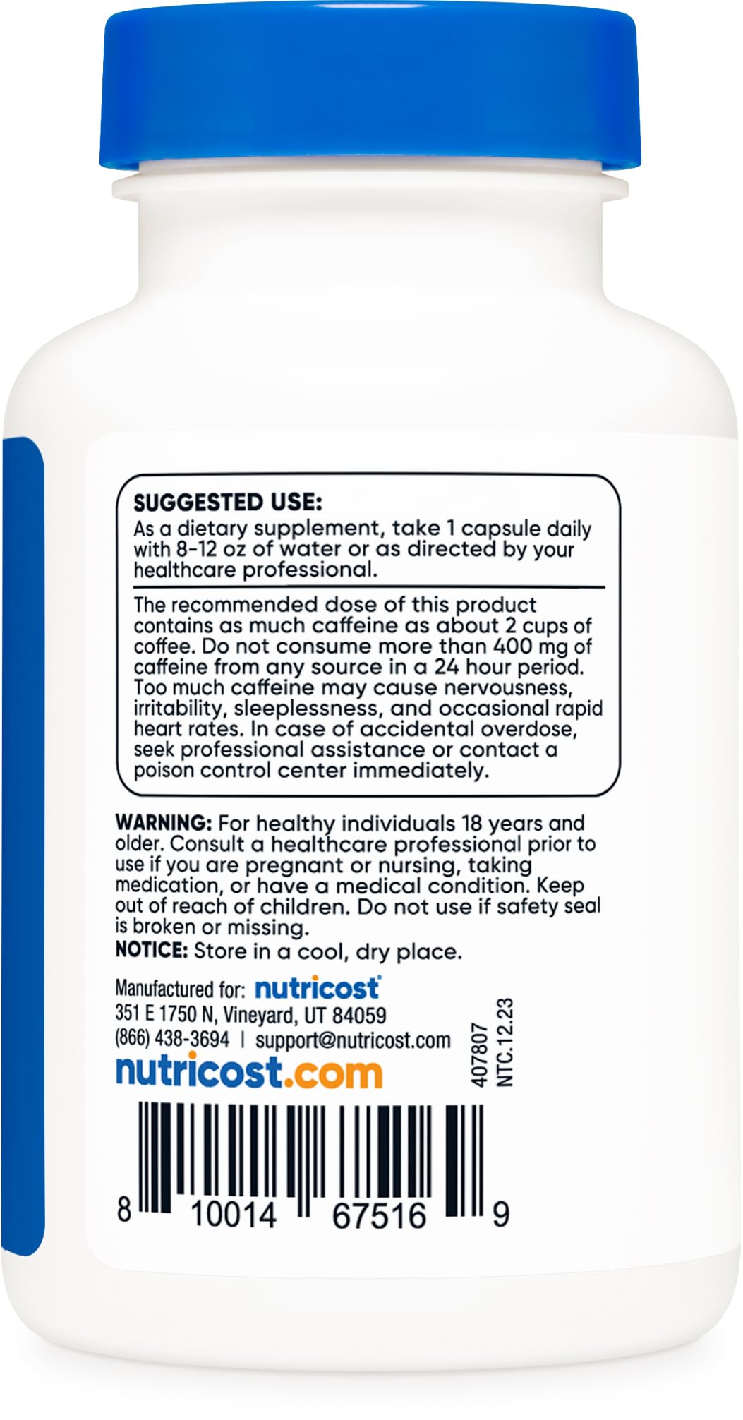 Nutricost caffeine pills NSF-certified facility stamp visible, ensuring product quality