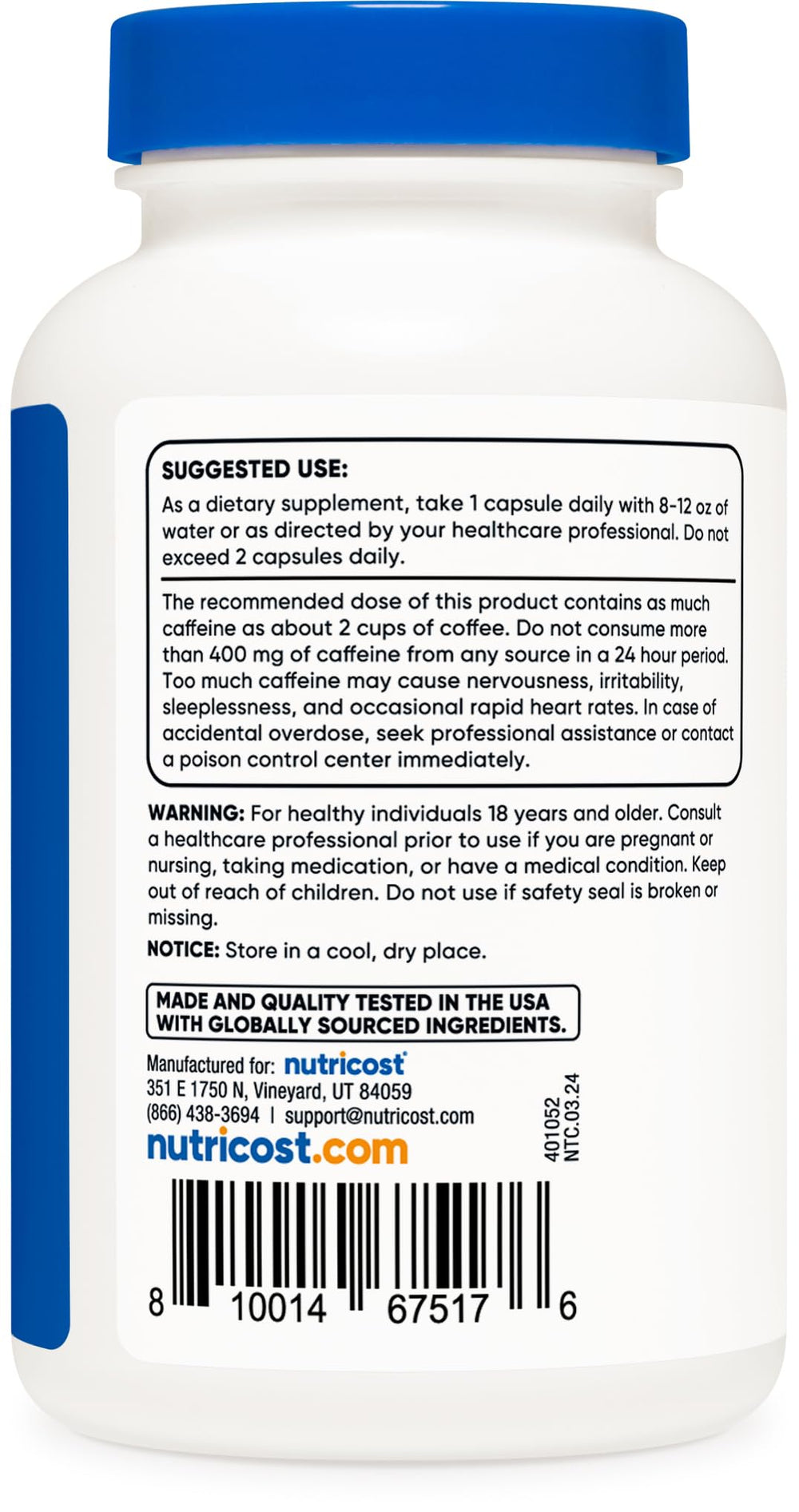Nutricost caffeine pills packaging box with clean gluten-free branding.