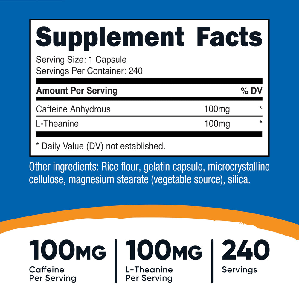 Nutricost Caffeine with L-Theanine capsules neatly arranged for daily energy and focus