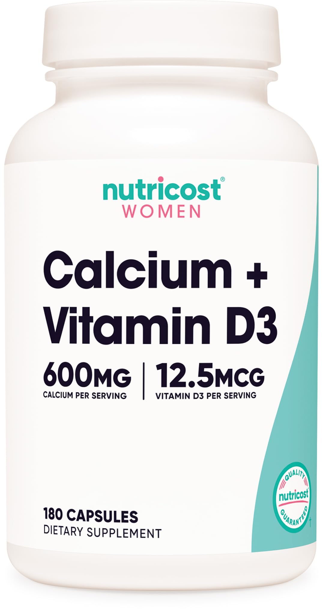 Nutricost Calcium 600mg + Vitamin D3 bottle front, promoting daily bone wellness for women