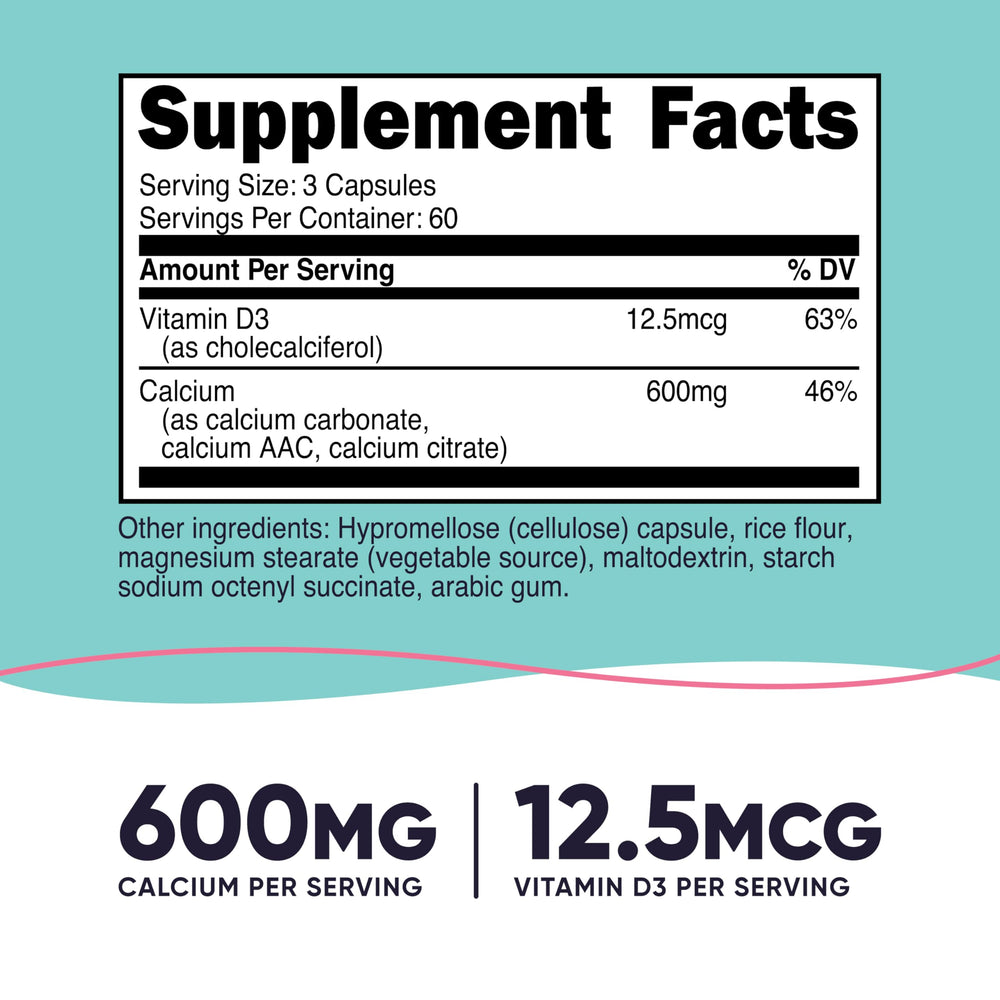 Nutricost Calcium 600mg + Vitamin D3 bottle pour shows easy daily servings