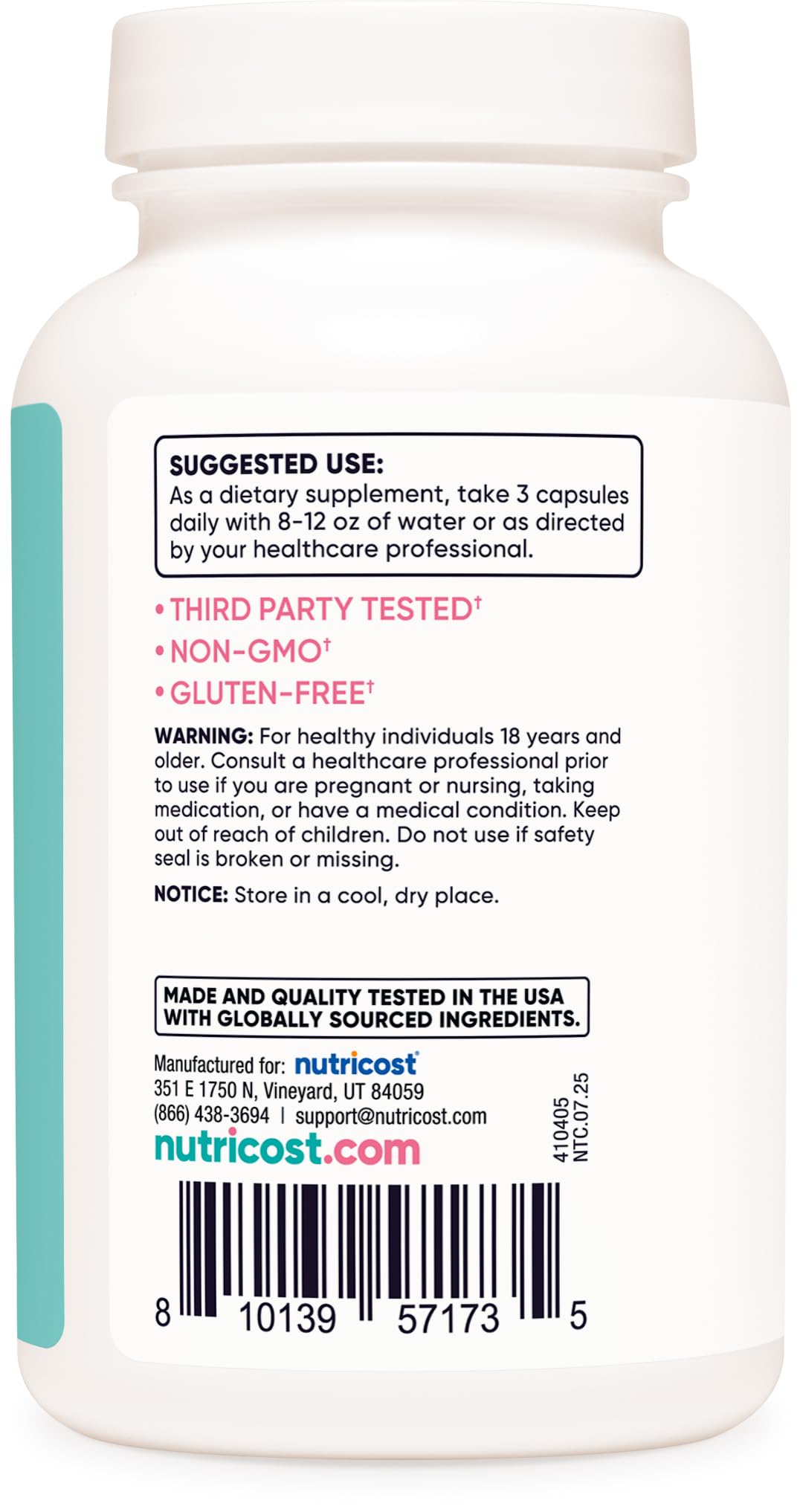 Nutricost Calcium 600mg + Vitamin D3 nutrition label highlights non-GMO ingredients