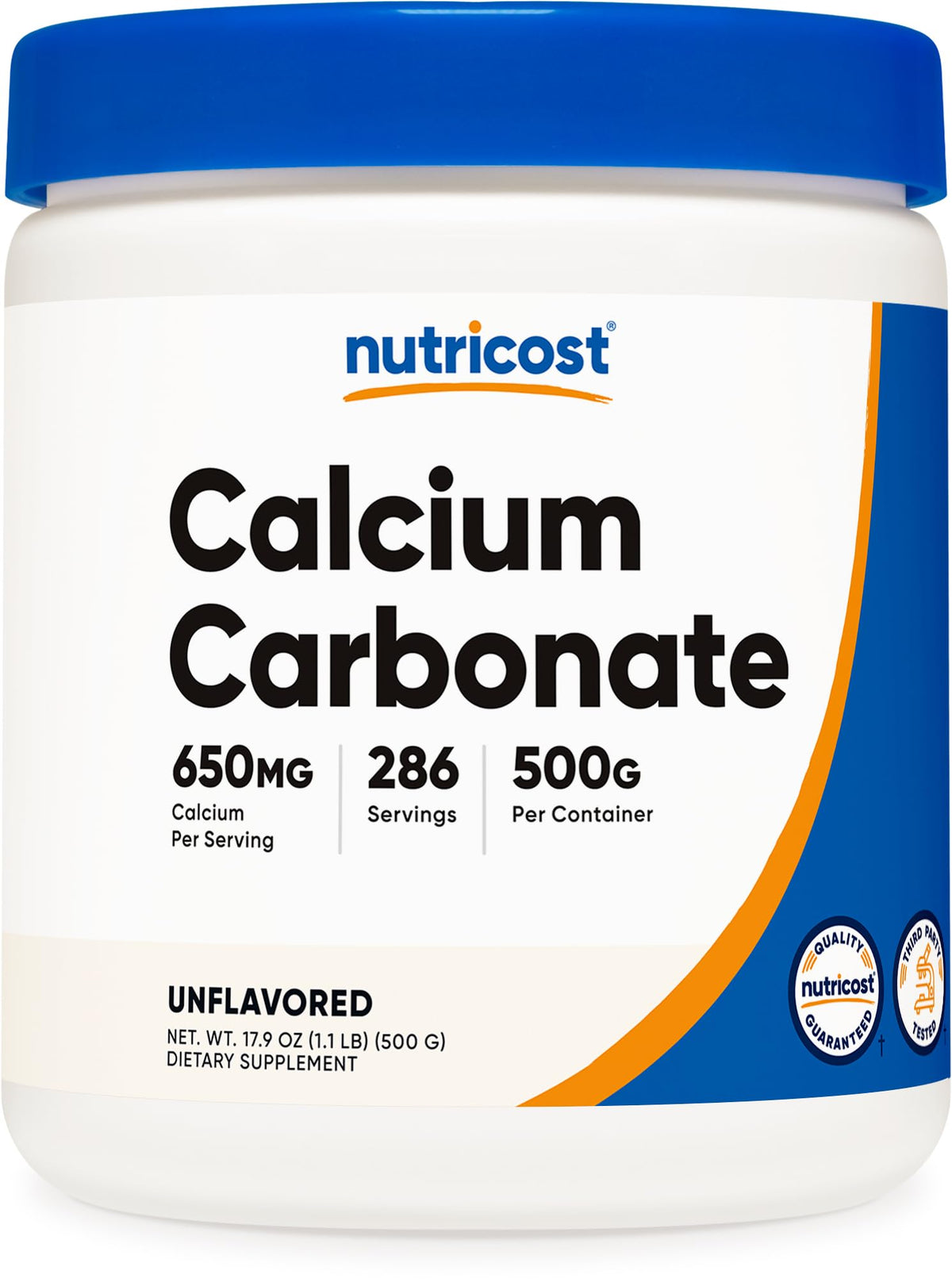 Nutricost Calcium Carbonate Powder bottle shows a pure formula for daily calcium support