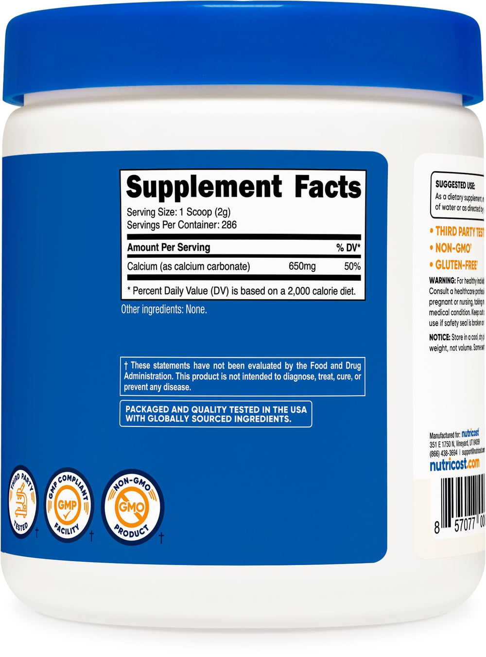 Nutricost Calcium Carbonate Powder facility seal reflects GMP compliance and quality control