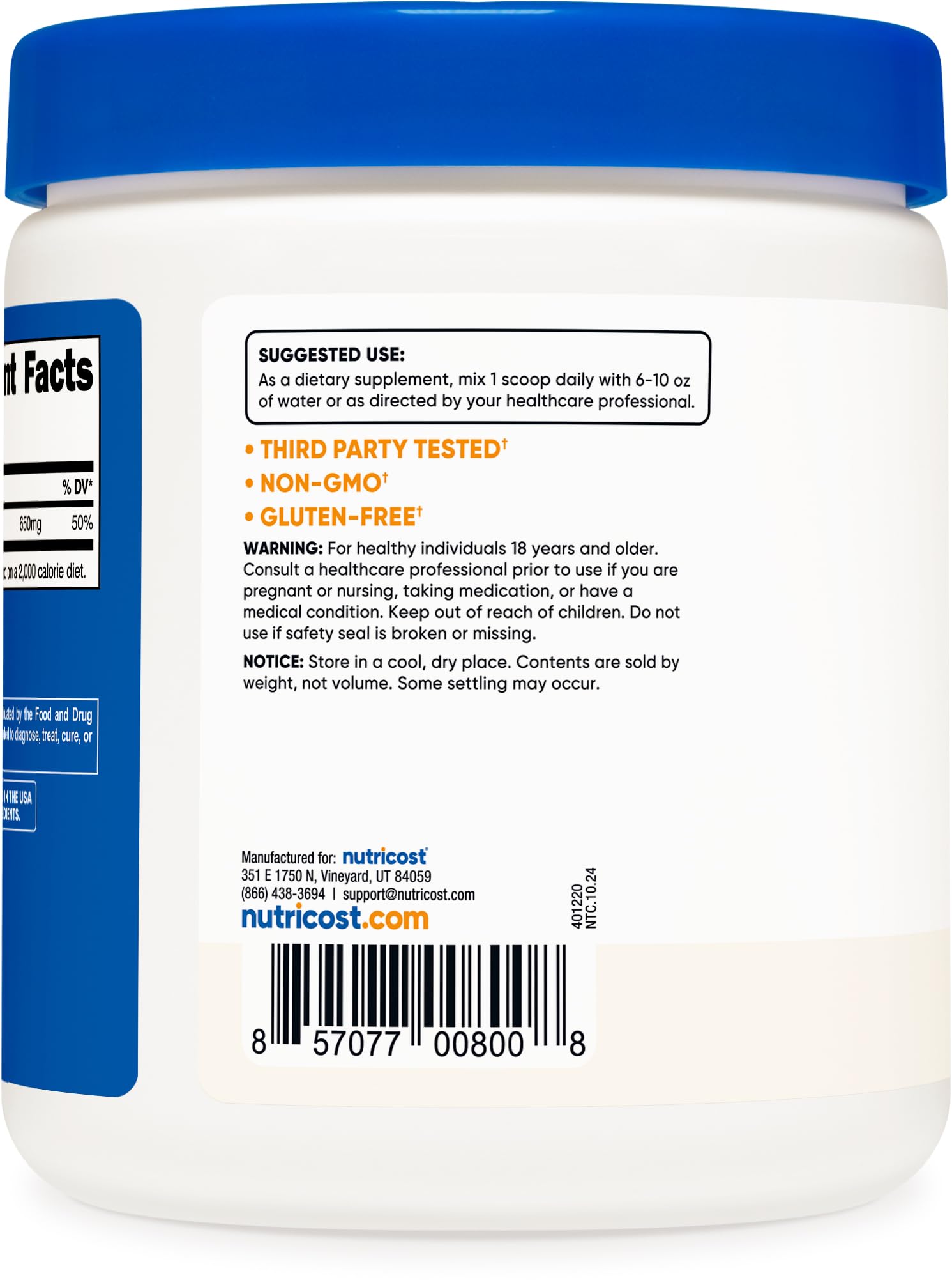 Nutricost Calcium Carbonate Powder gluten-free label signals an allergen-friendly option