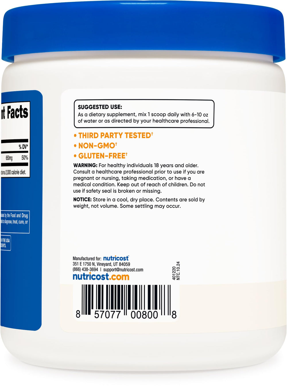 Nutricost Calcium Carbonate Powder gluten-free label signals an allergen-friendly option