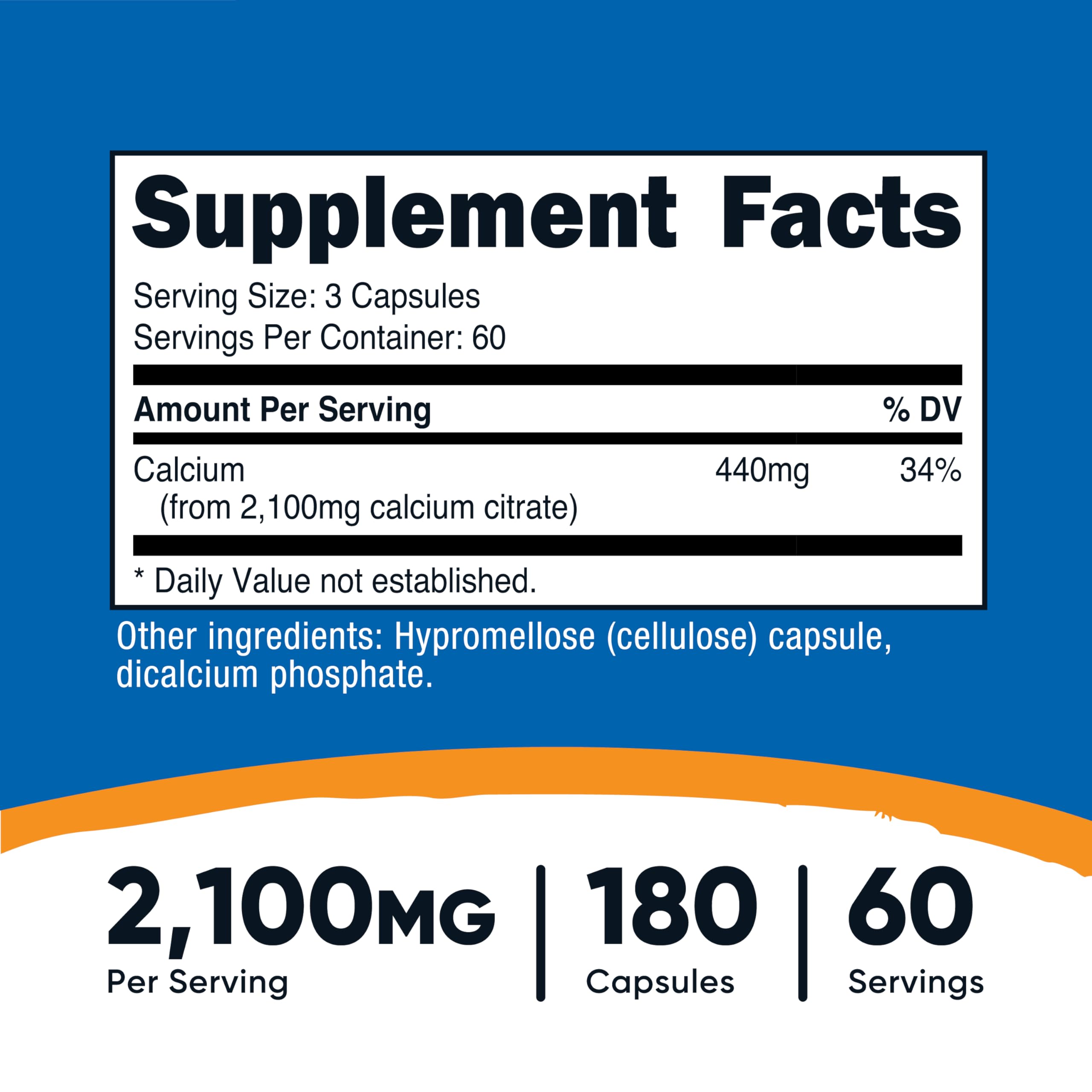 Nutricost Calcium Citrate bottle label shows 2,100 mg per serving and vegan formula