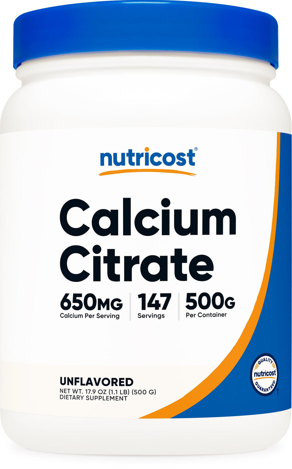 Nutricost Calcium Citrate Powder bottle with pure formula supports gluten-free, non-GMO daily use.