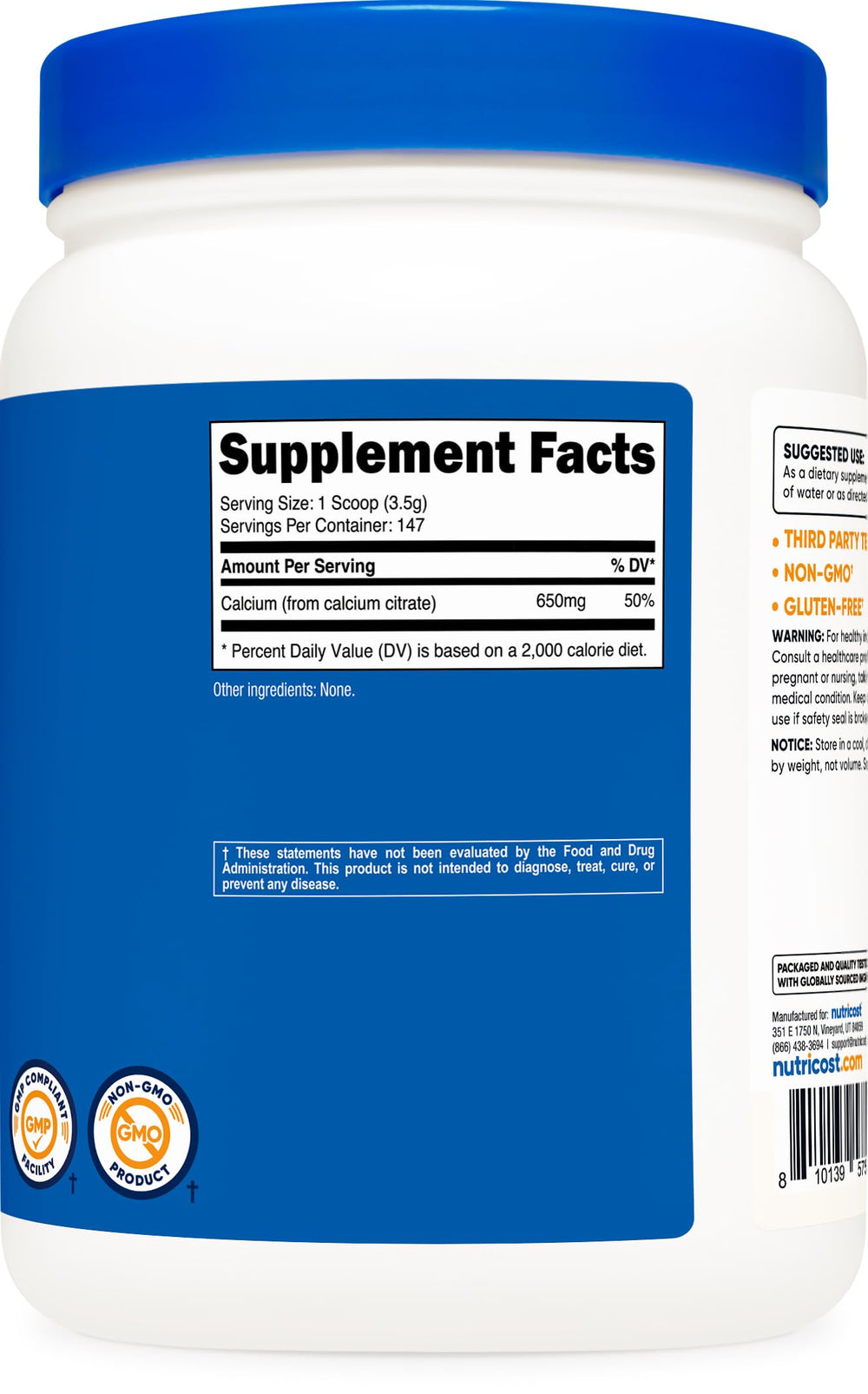 Nutricost Calcium Citrate Powder packaging ready for GMP environment and FDA registered facility.