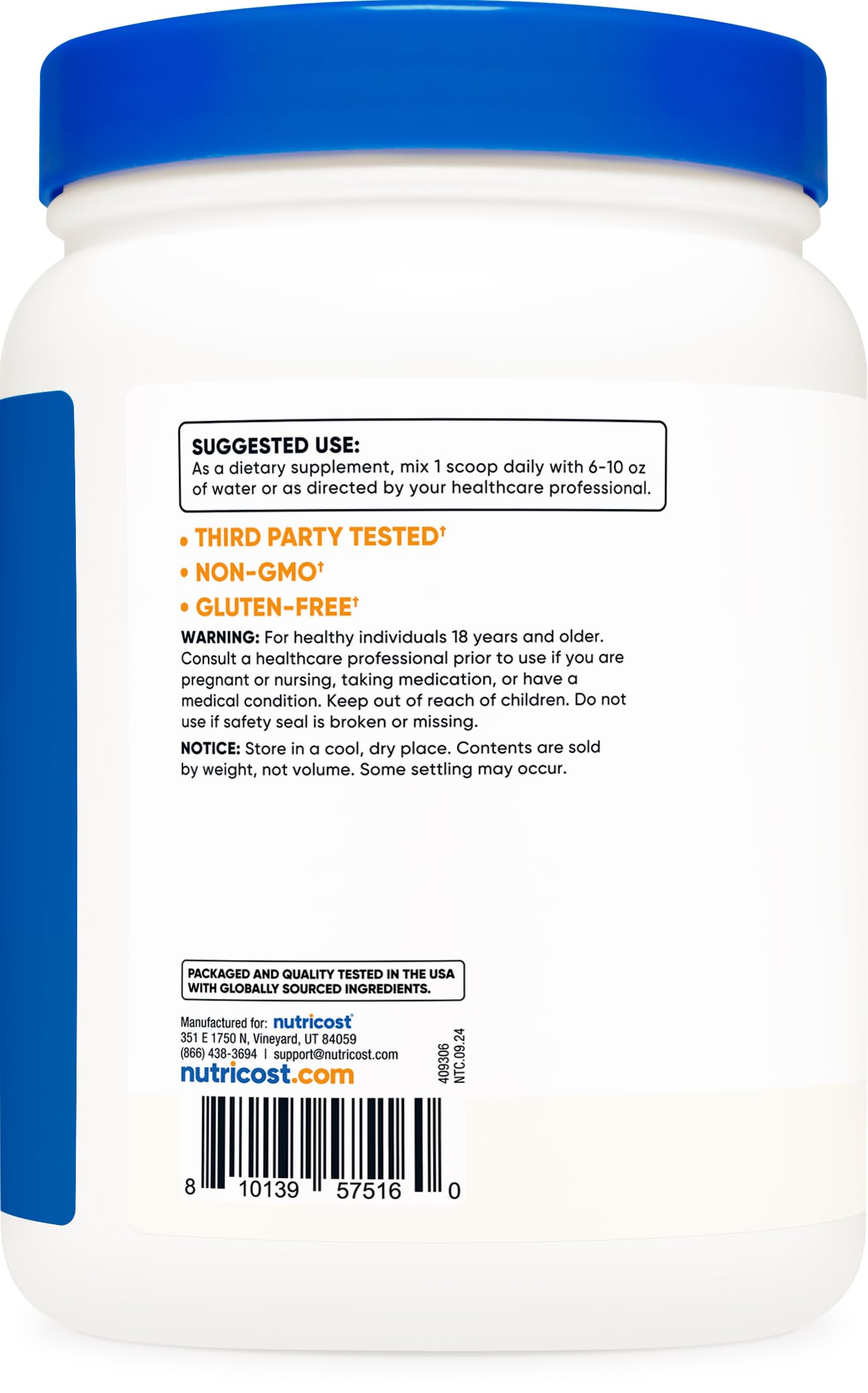 Nutricost Calcium Citrate Powder gluten-free badge emphasizes safe, allergen-conscious supplementation.