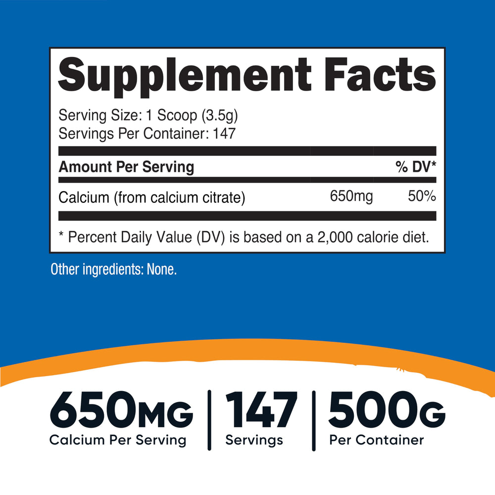 Nutricost Calcium Citrate Powder scoop highlights 650 mg per serving for easy daily intake.