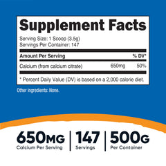Nutricost Calcium Citrate Powder scoop highlights 650 mg per serving for easy daily intake.