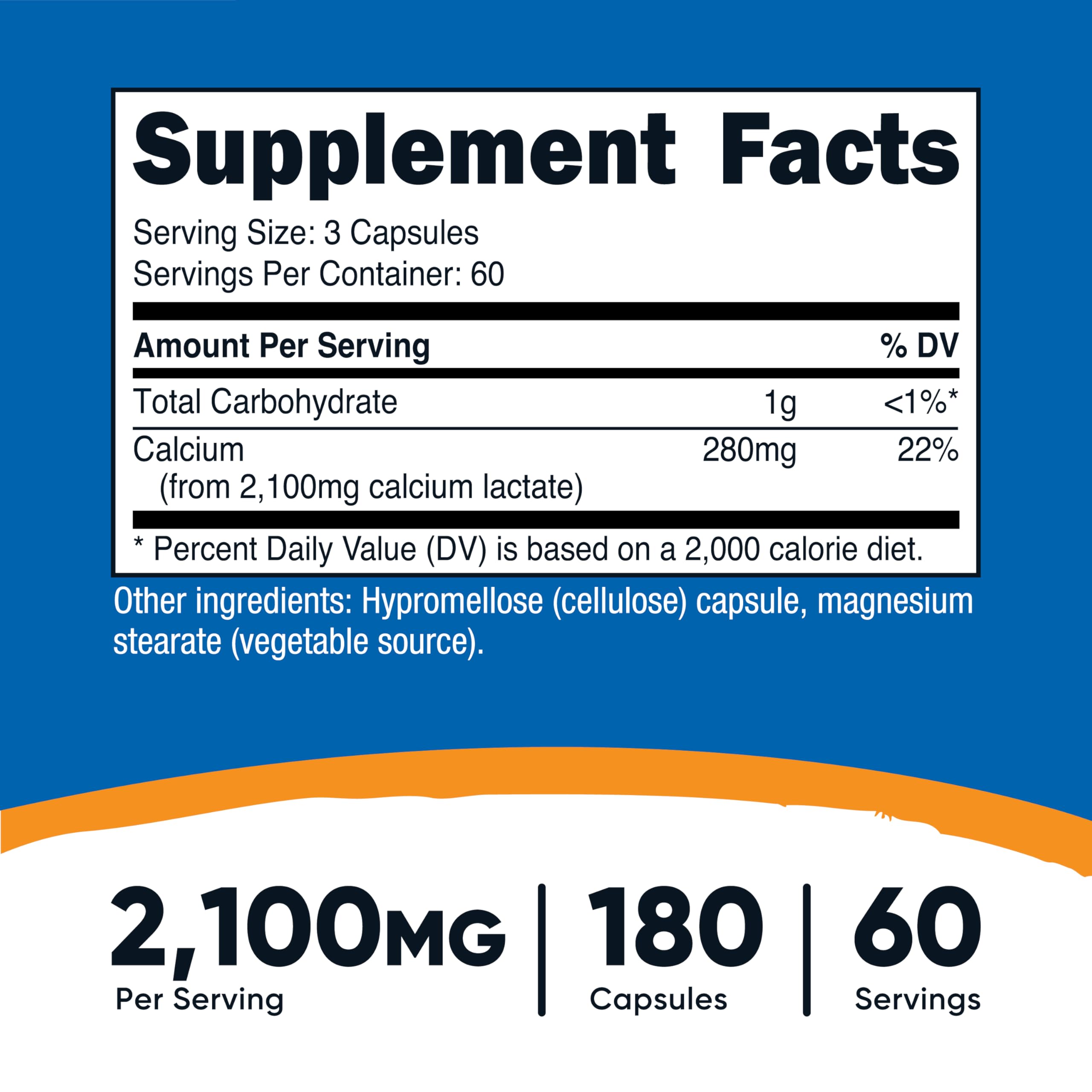 Nutricost Calcium Lactate capsules close-up showing easy-to-swallow form