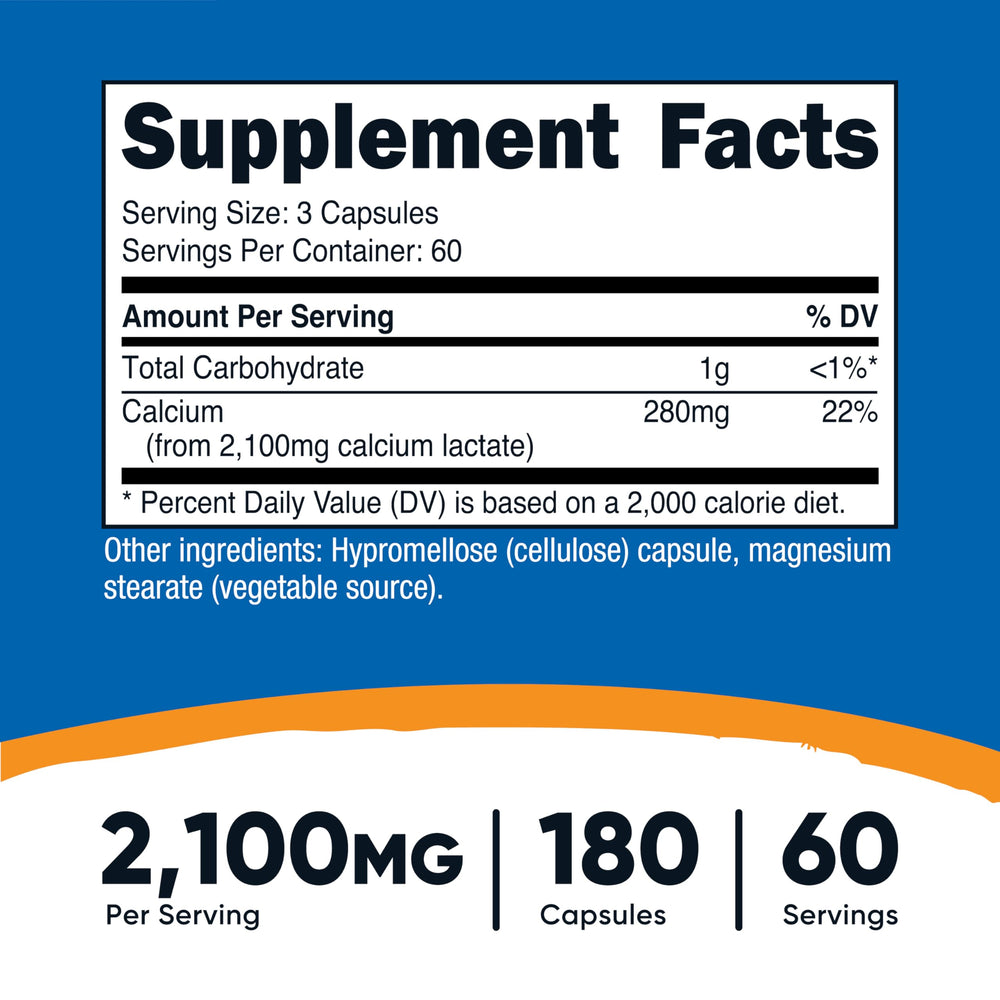 Nutricost Calcium Lactate capsules close-up showing easy-to-swallow form