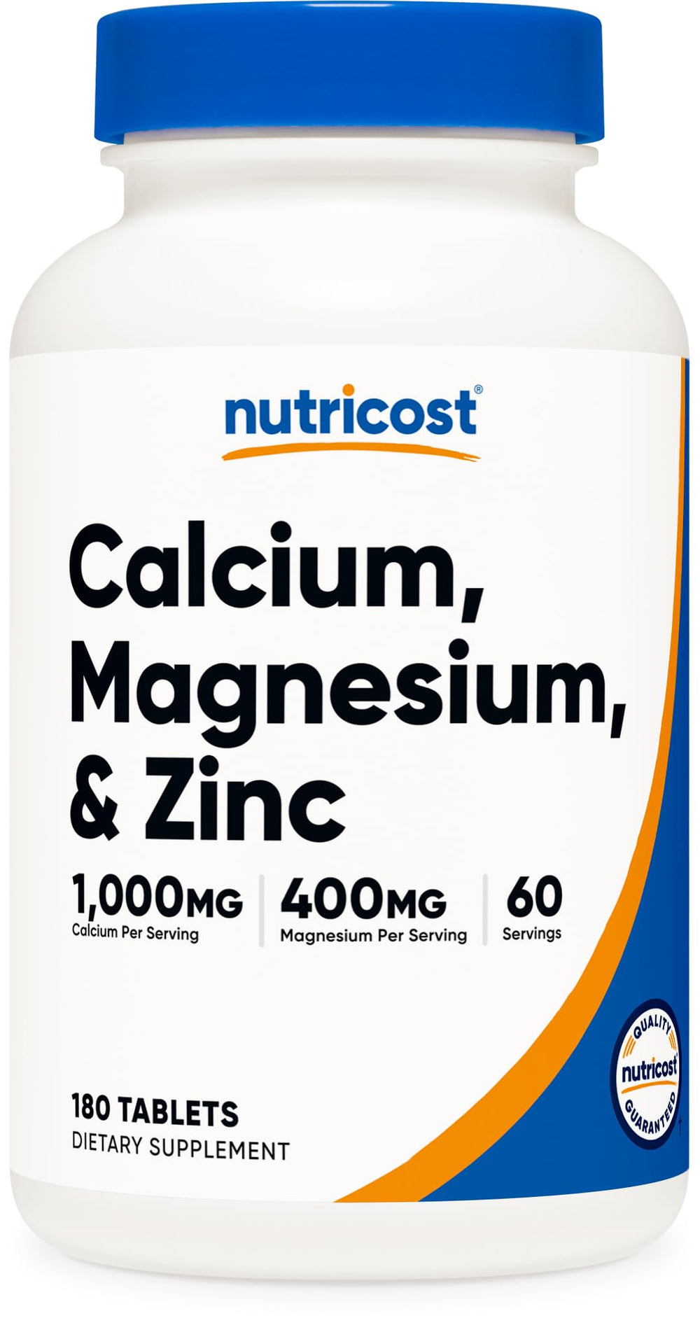 Nutricost Calcium Magnesium Zinc bottle shows a balanced mineral blend for daily wellness.