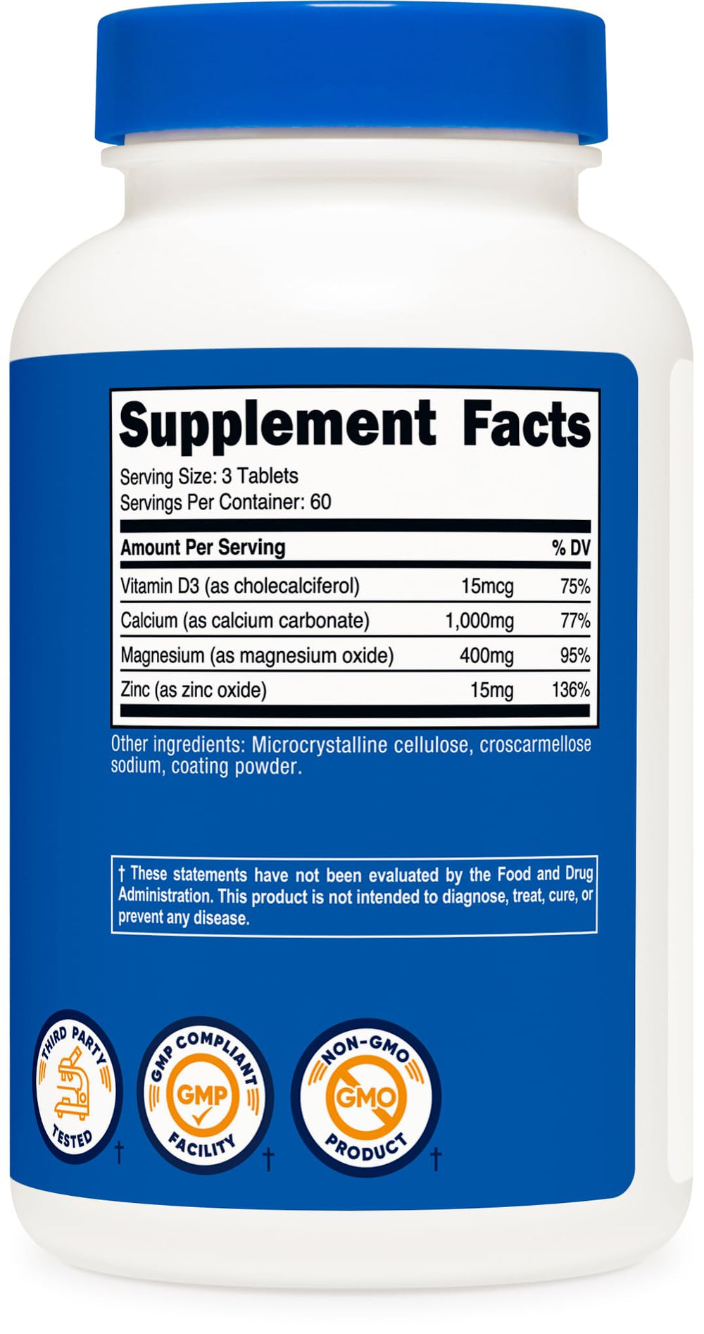 Nutricost Calcium Magnesium Zinc bottle indicates reliable, gluten-free, non-GMO formulation and packaging.