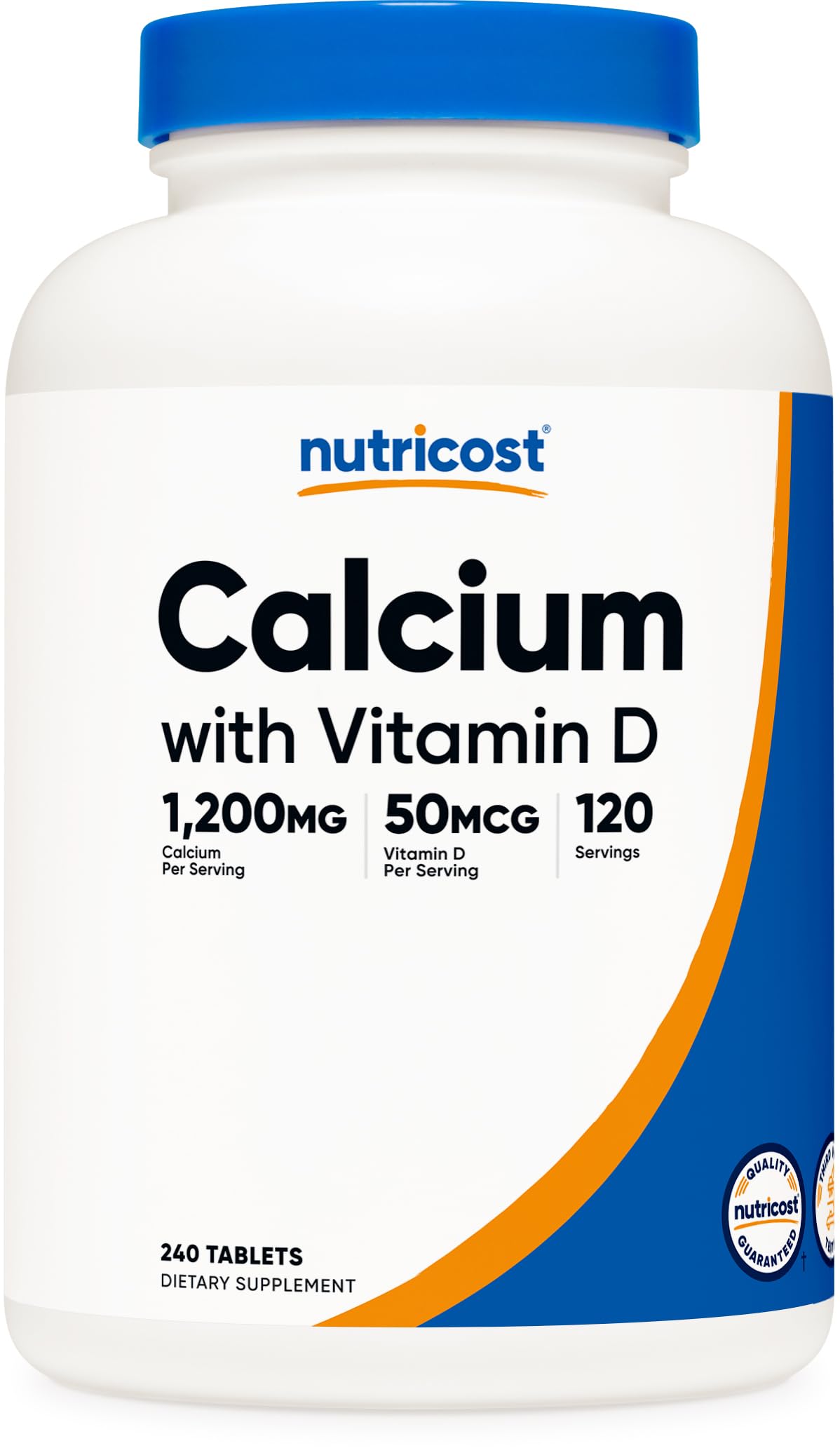 Nutricost calcium with vitamin d bottle front showing label with 1200 mg calcium per serving