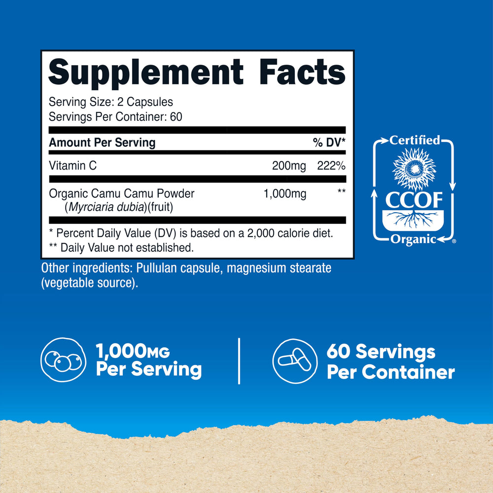 Nutricost Camu Camu capsules closeup show vegetarian capsules and high vitamin C content.