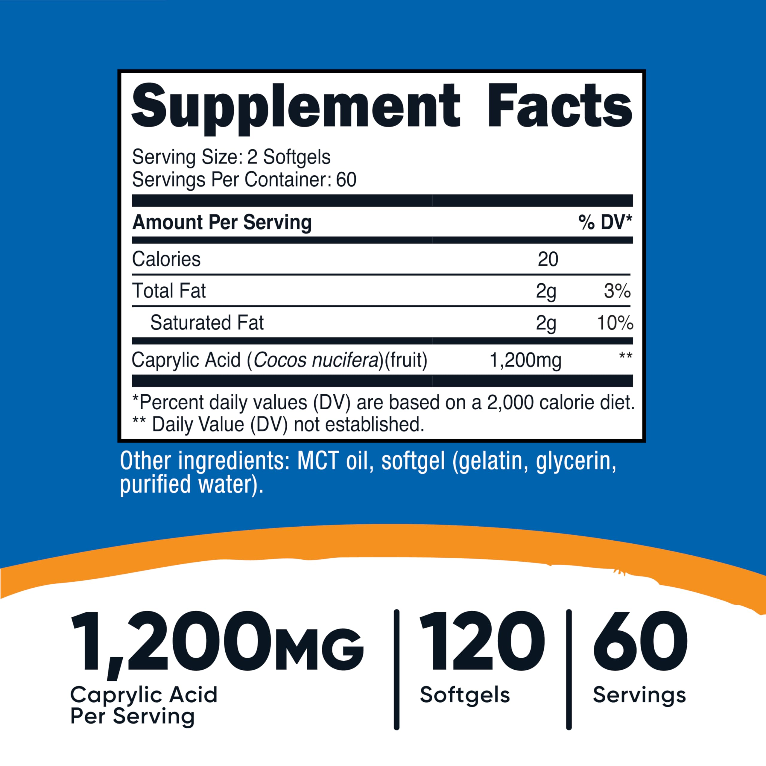 Nutricost Caprylic Acid 1200mg bottle back label detailing ingredients and certifications.