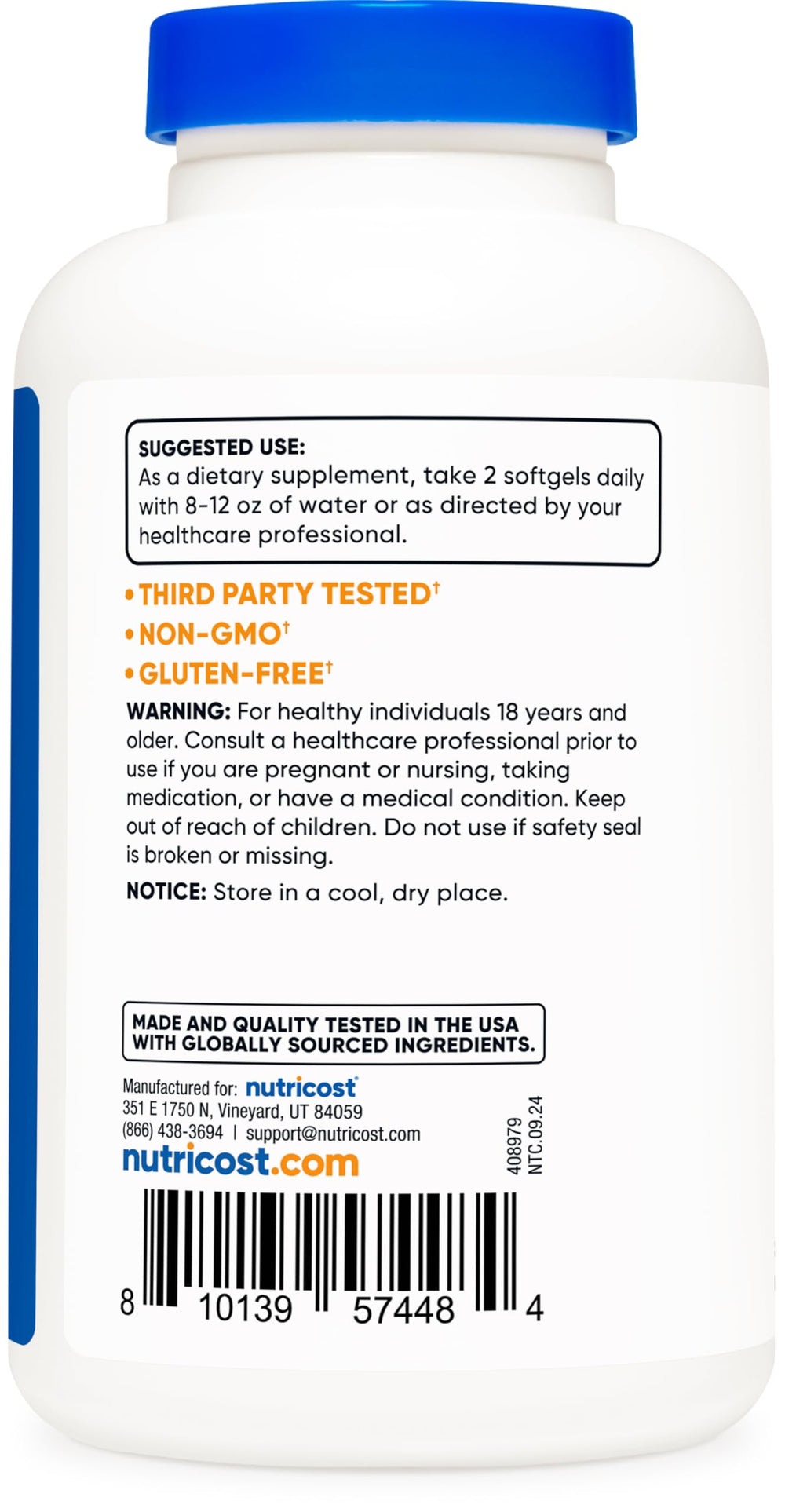 Nutricost Caprylic Acid 1200mg label detail highlighting quality seals and allergen claims.