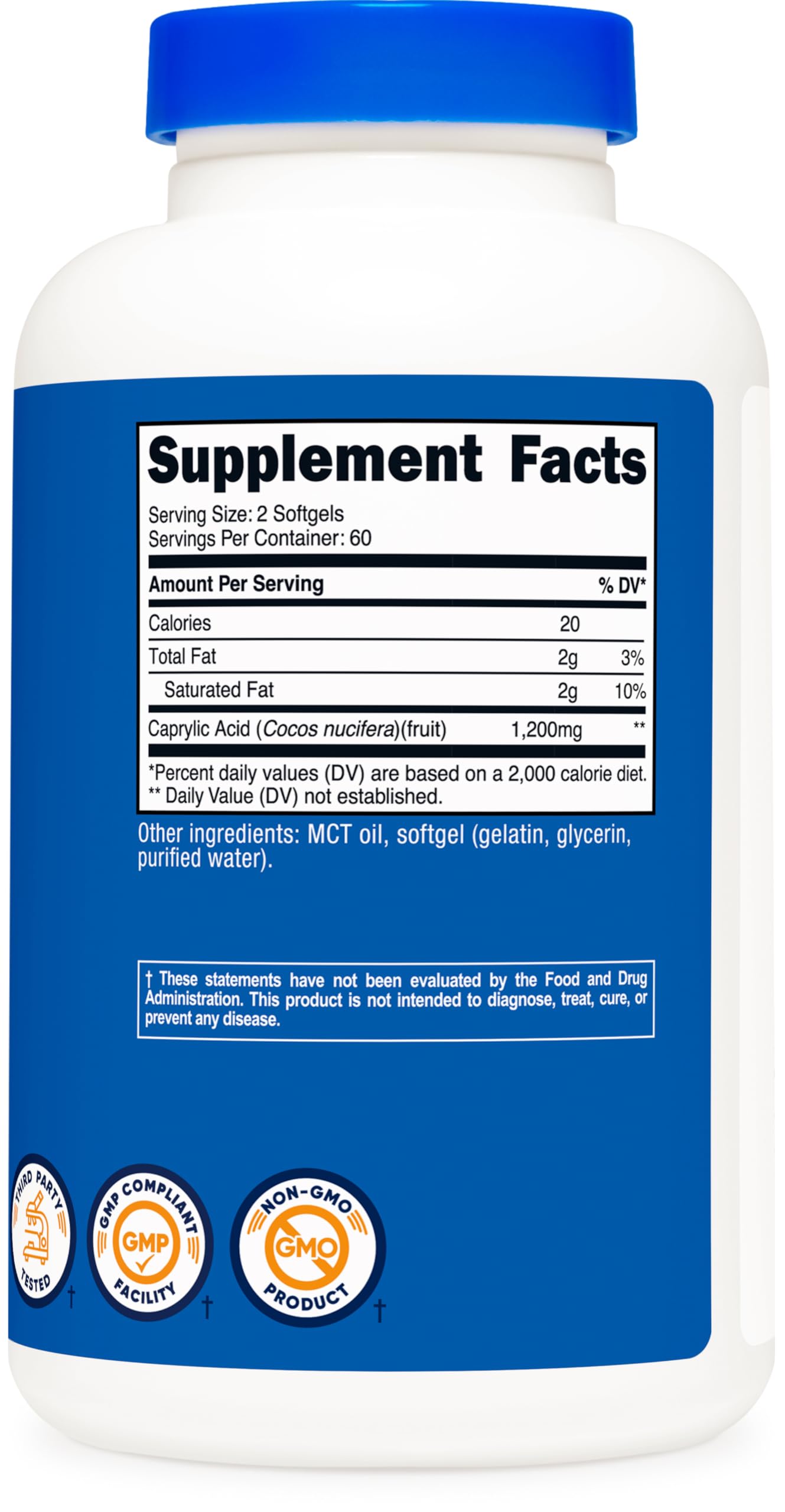 Nutricost Caprylic Acid 1200mg packaging outer box displaying USA-made quality.