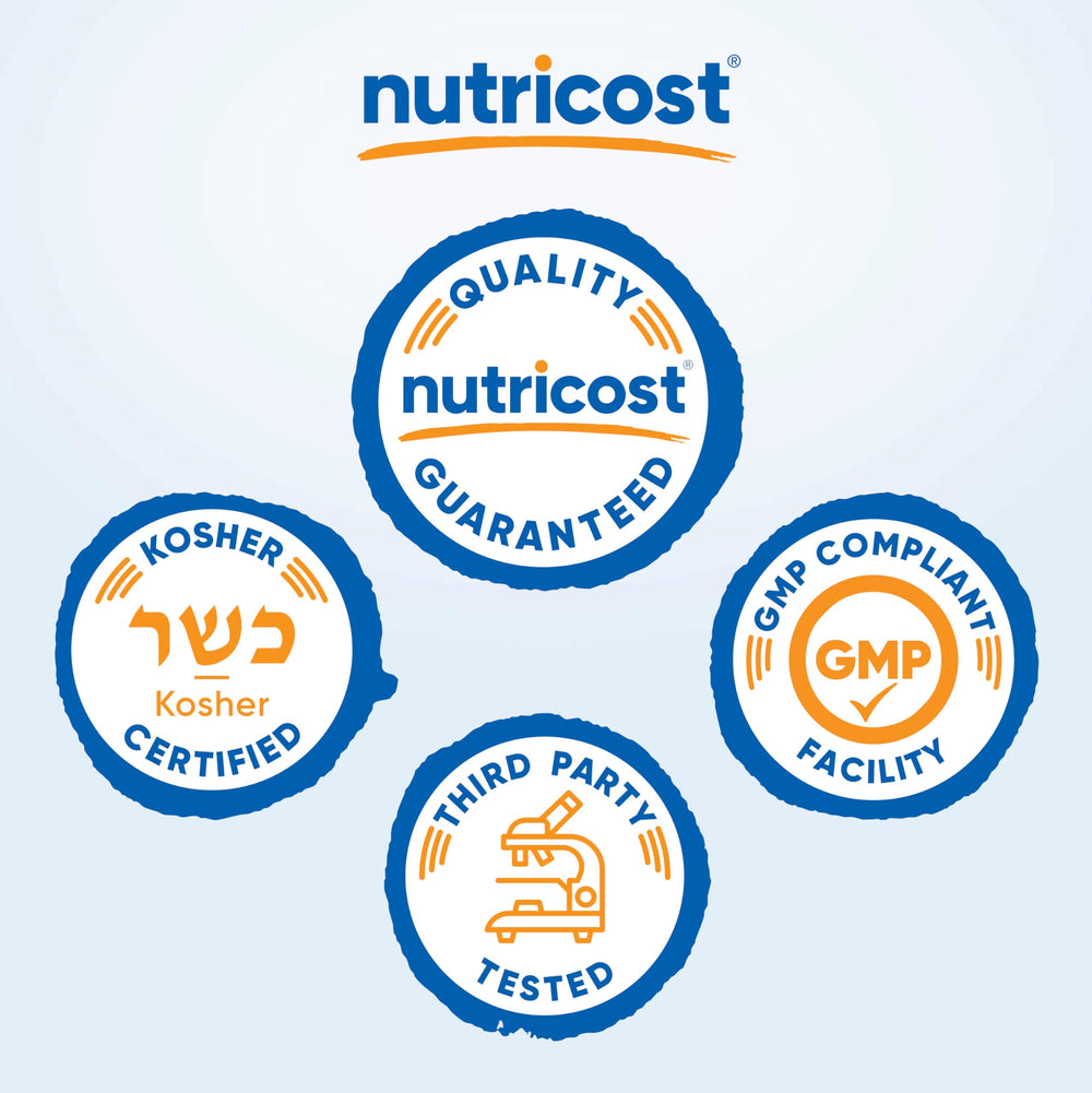 Nutricost capsule packaging setup highlighting allergen-free and kosher features.