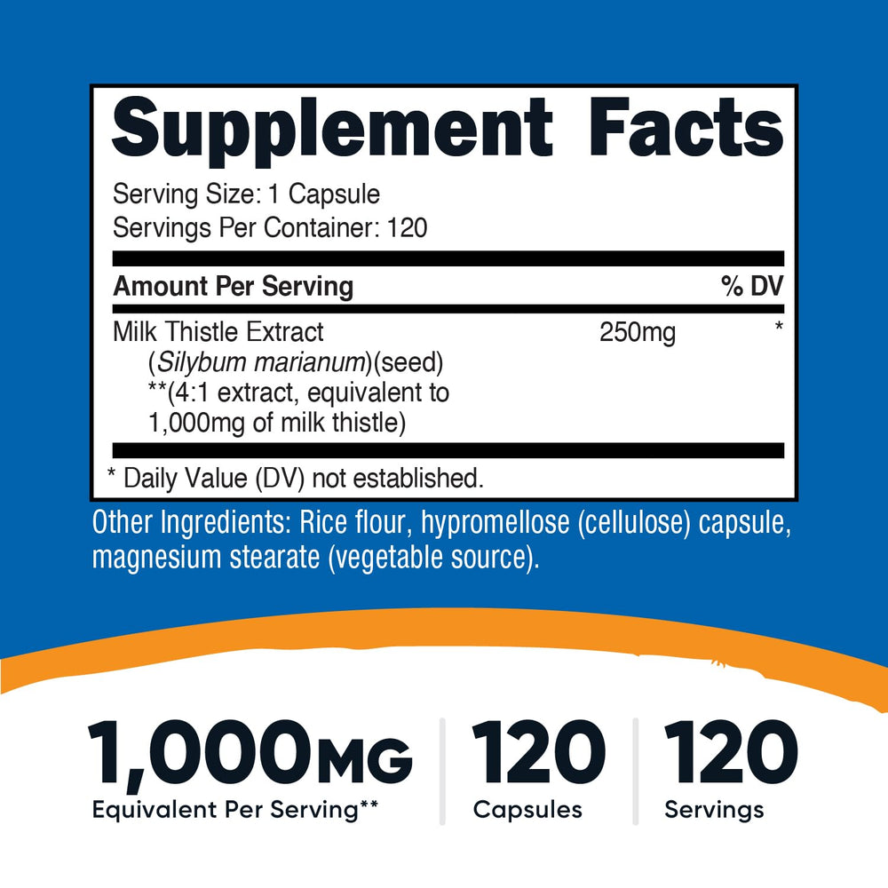 Nutricost Cardo Mariano: etiqueta con ingredientes y beneficios.