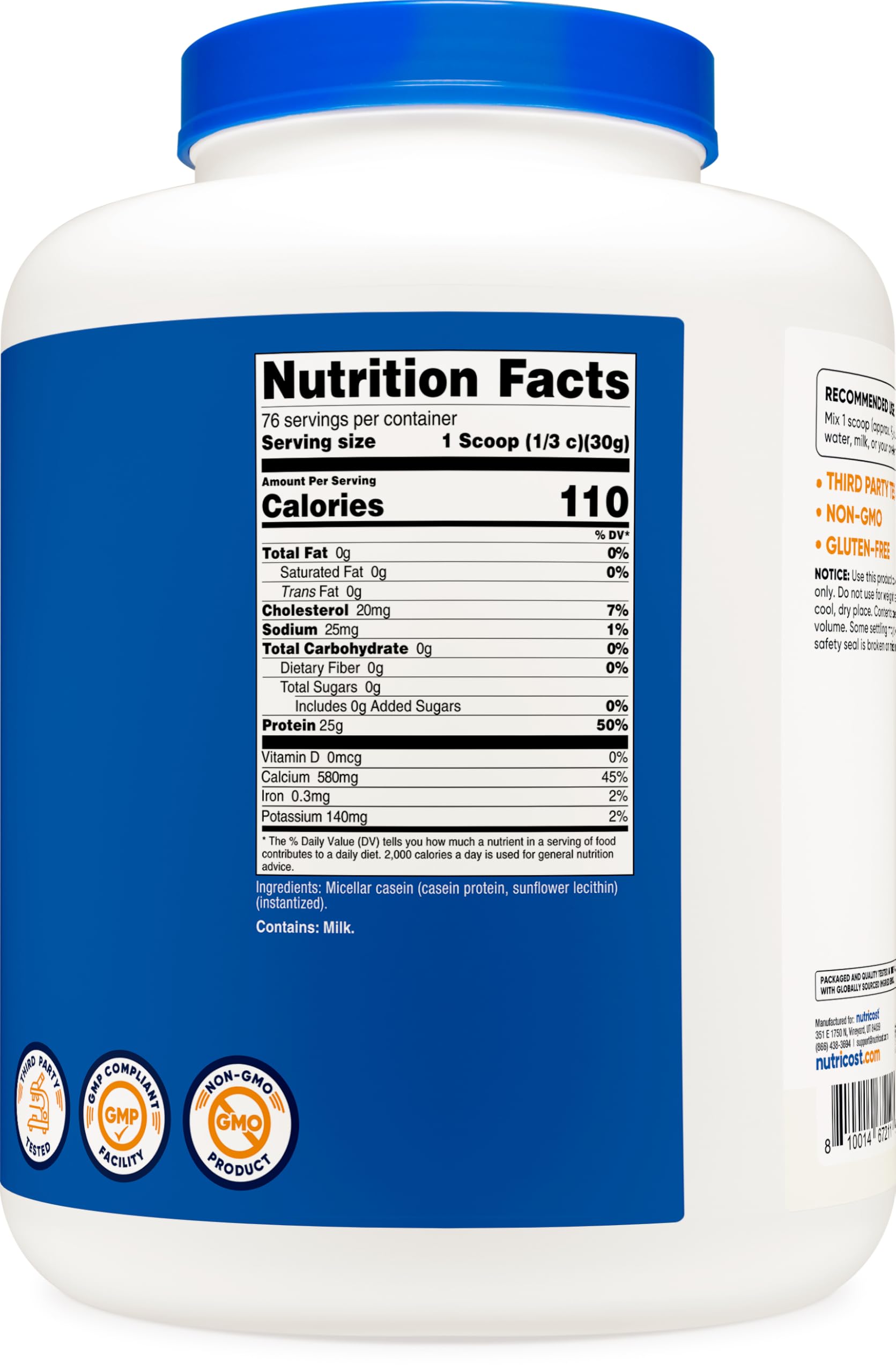 Nutricost casein bottle nutrition facts for simple dietary planning.