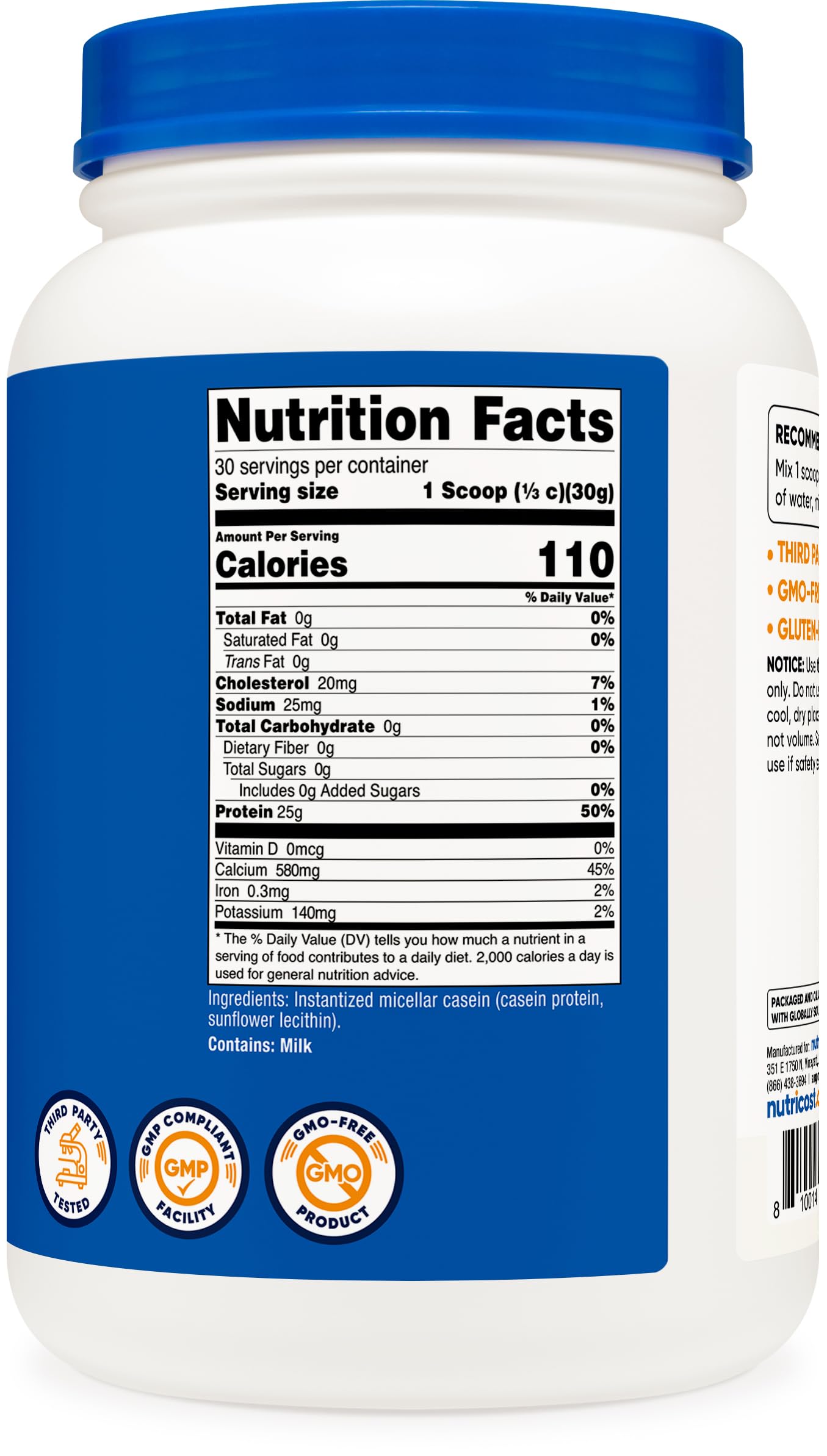 Nutricost gluten-free non-GMO label on container signals quality ingredients.