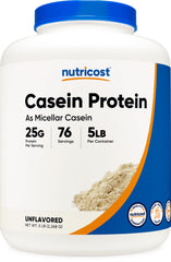 Nutricost Casein Protein 5lb bottle shows micellar proteins for steady overnight release.