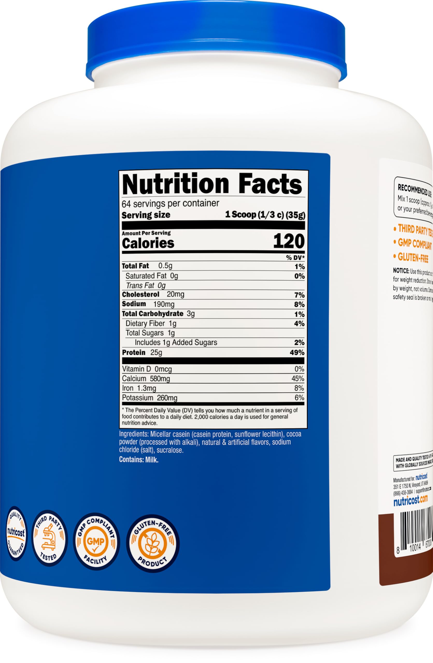 Nutricost Casein Protein Powder nutrition label close-up, gluten-free and non-GMO