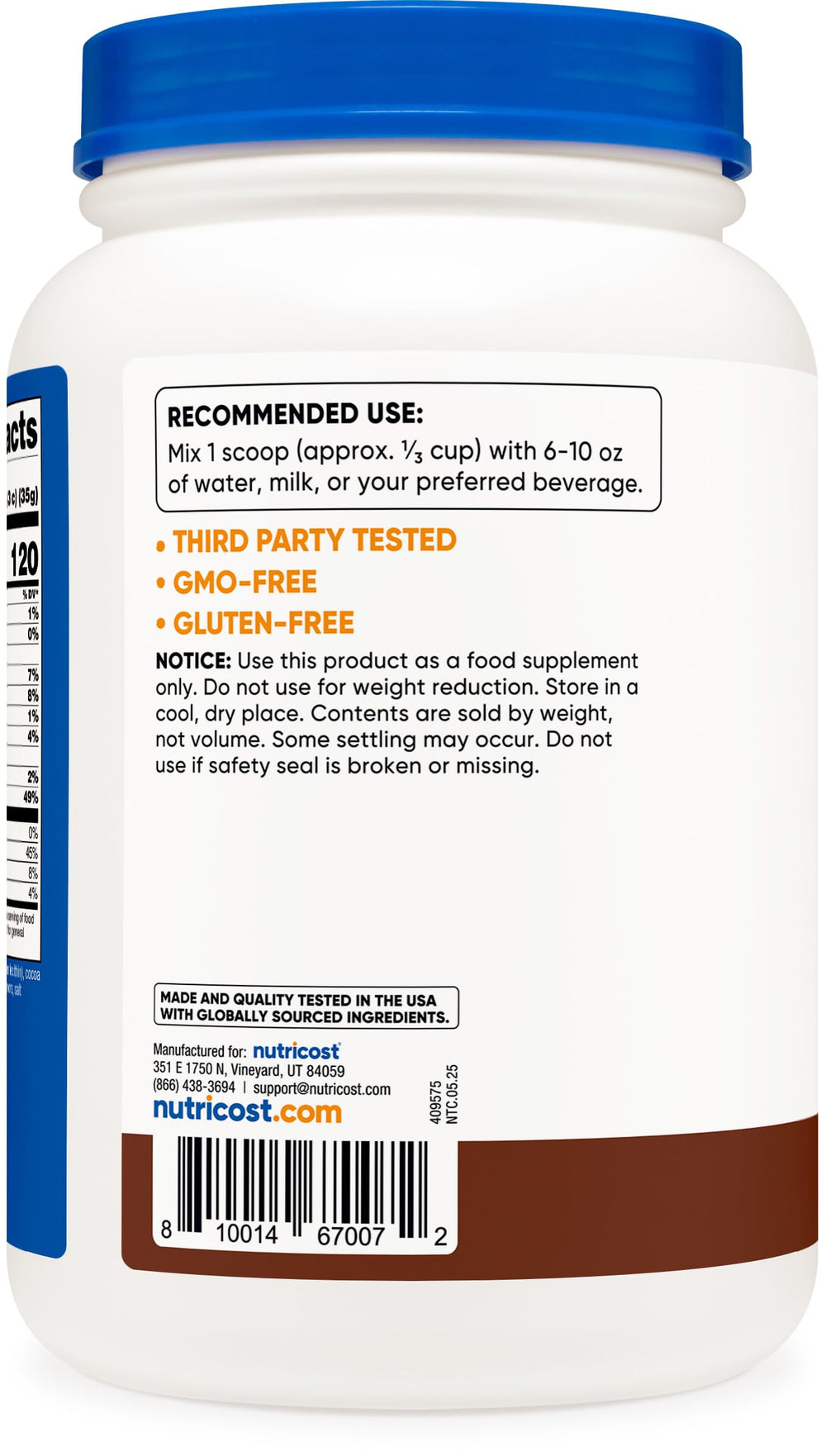 Nutricost Casein Protein Powder chocolate label highlights gluten free and non-GMO features.