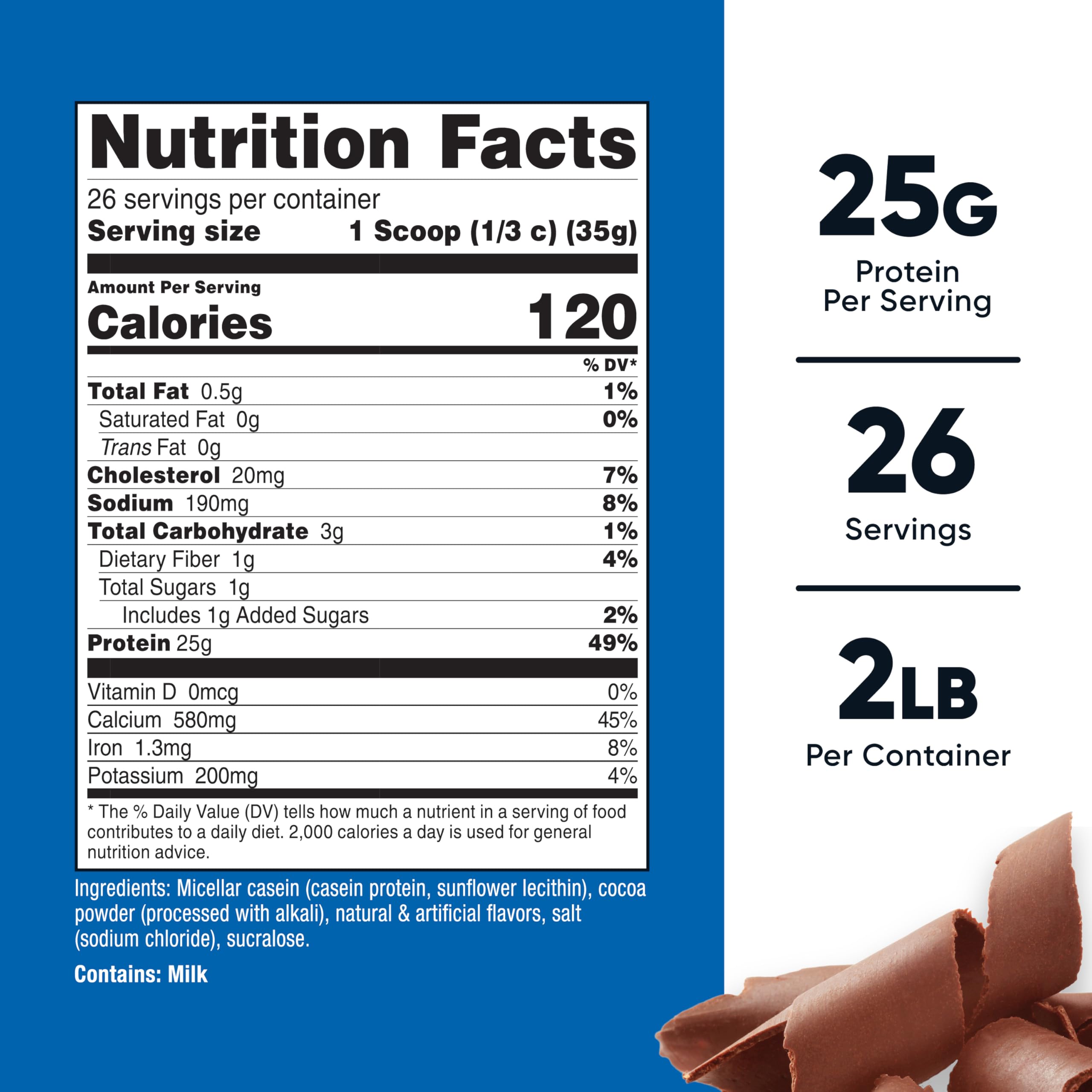 Nutricost Casein Protein Powder chocolate serving scoop beside tub for slow release protein.