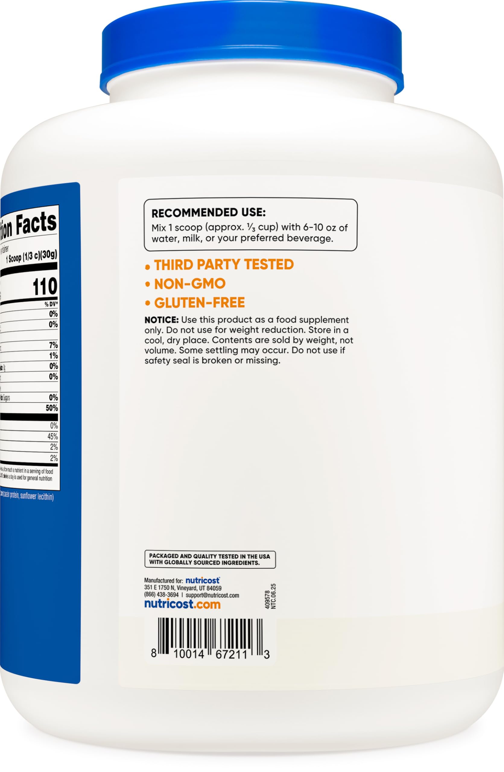 Nutricost casein serving scoop image highlighting convenient one-scoop portions.
