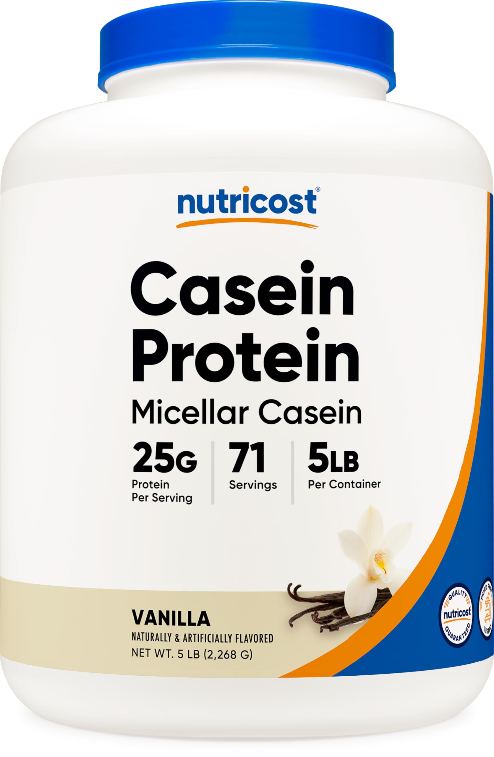Nutricost Casein Vanilla bottle showing steady protein for between meals.
