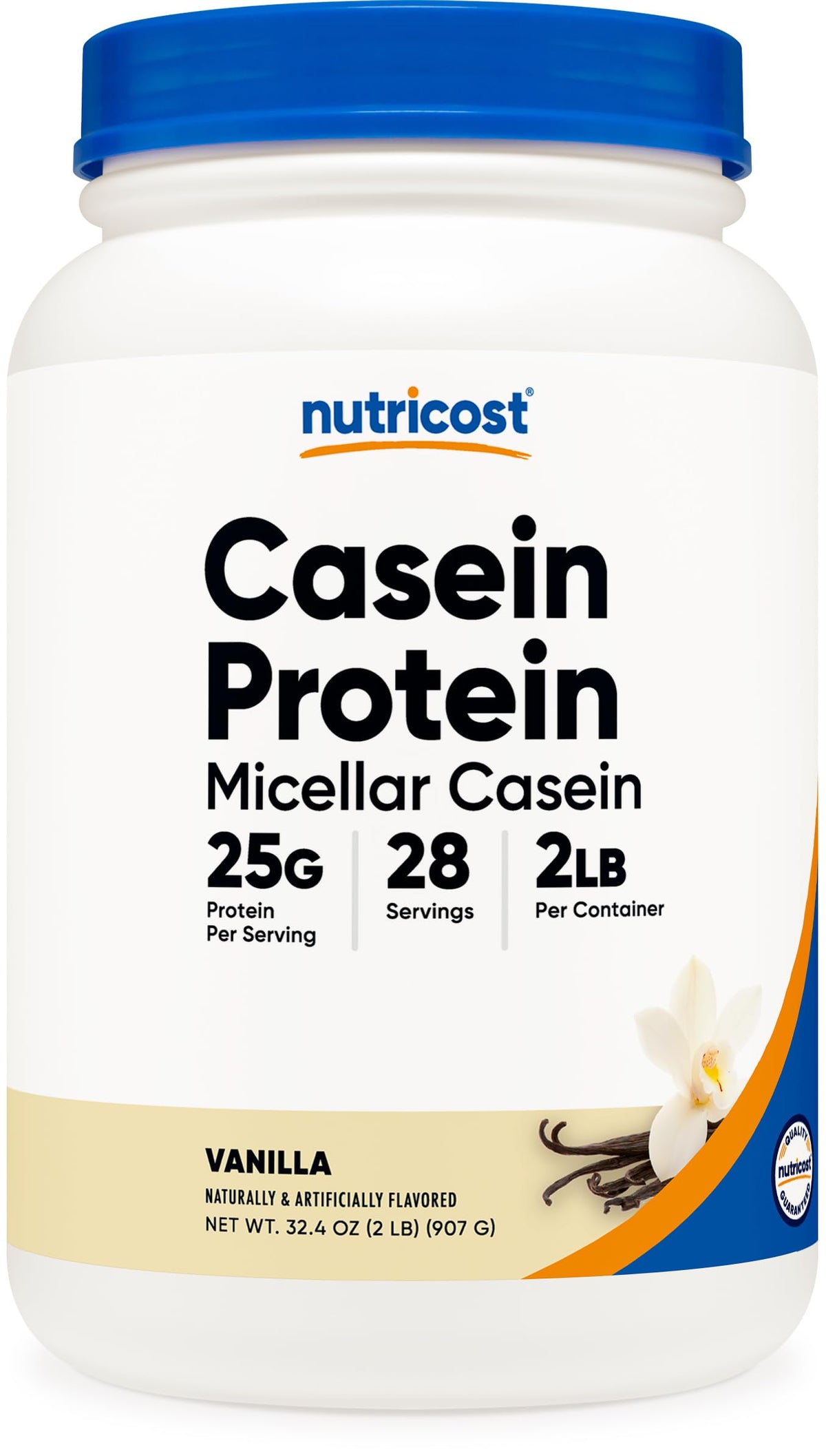 Nutricost Casein Vanilla powder in a jar with rich texture, ideal for night-time use.