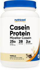 Nutricost Casein Vanilla powder in a jar with rich texture, ideal for night-time use.