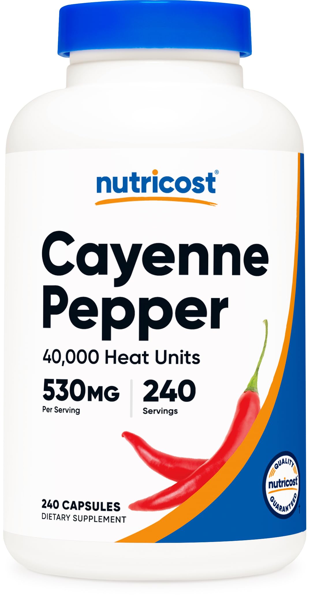 Nutricost Cayenne Pepper 530mg bottle on shelf, gluten-free and non-GMO.