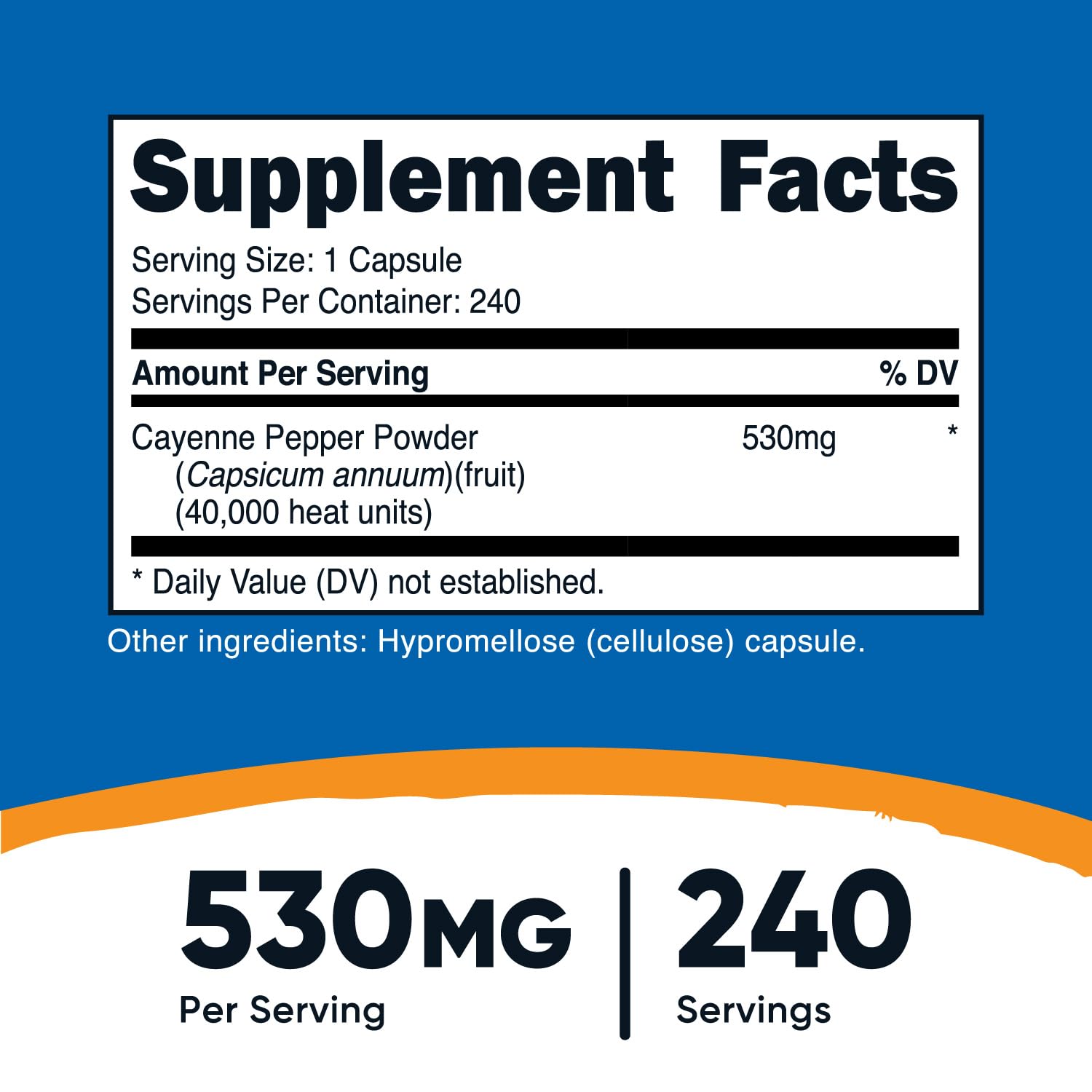 Close-up of Nutricost Cayenne Pepper 530mg capsules highlighting 40,000 heat units.